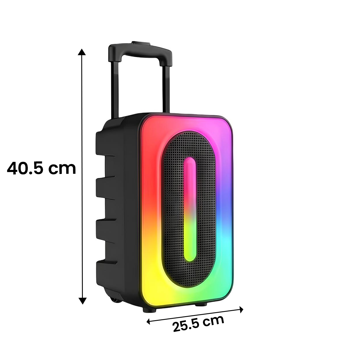 Schwarzer Lautsprecher mit Rollen und Regenbogen-LED-Beleuchtung. Maße 40,5x25,5 cm.