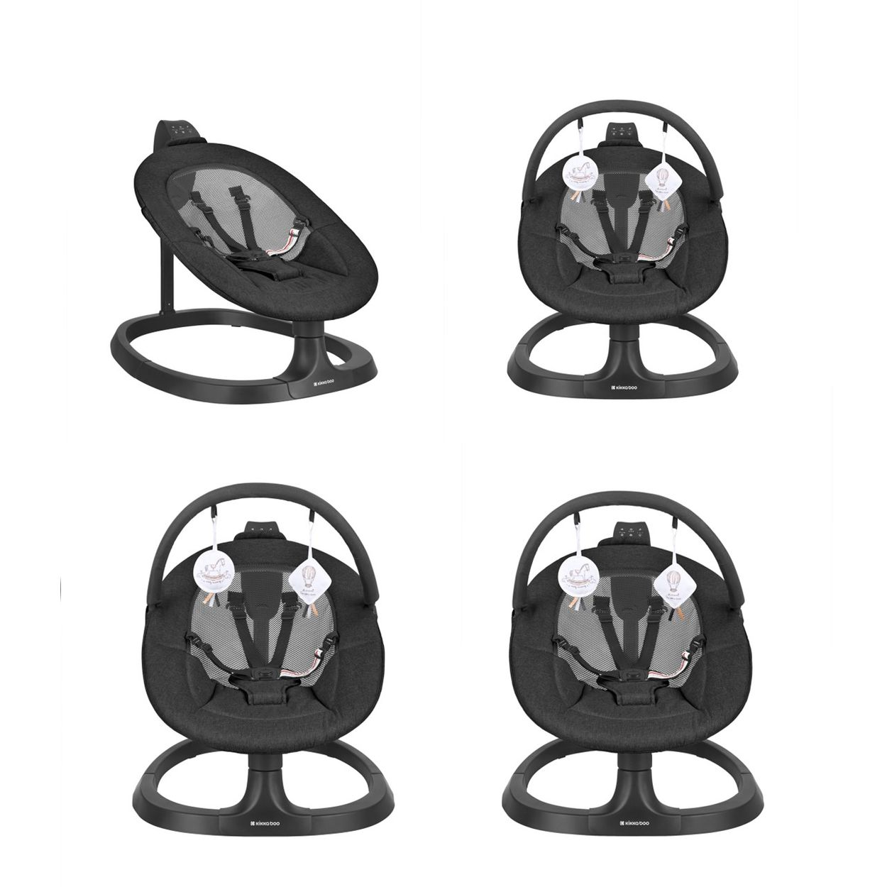 Ein schwarzes Babywippen-Schaukel mit Spielzeug und Gurten.