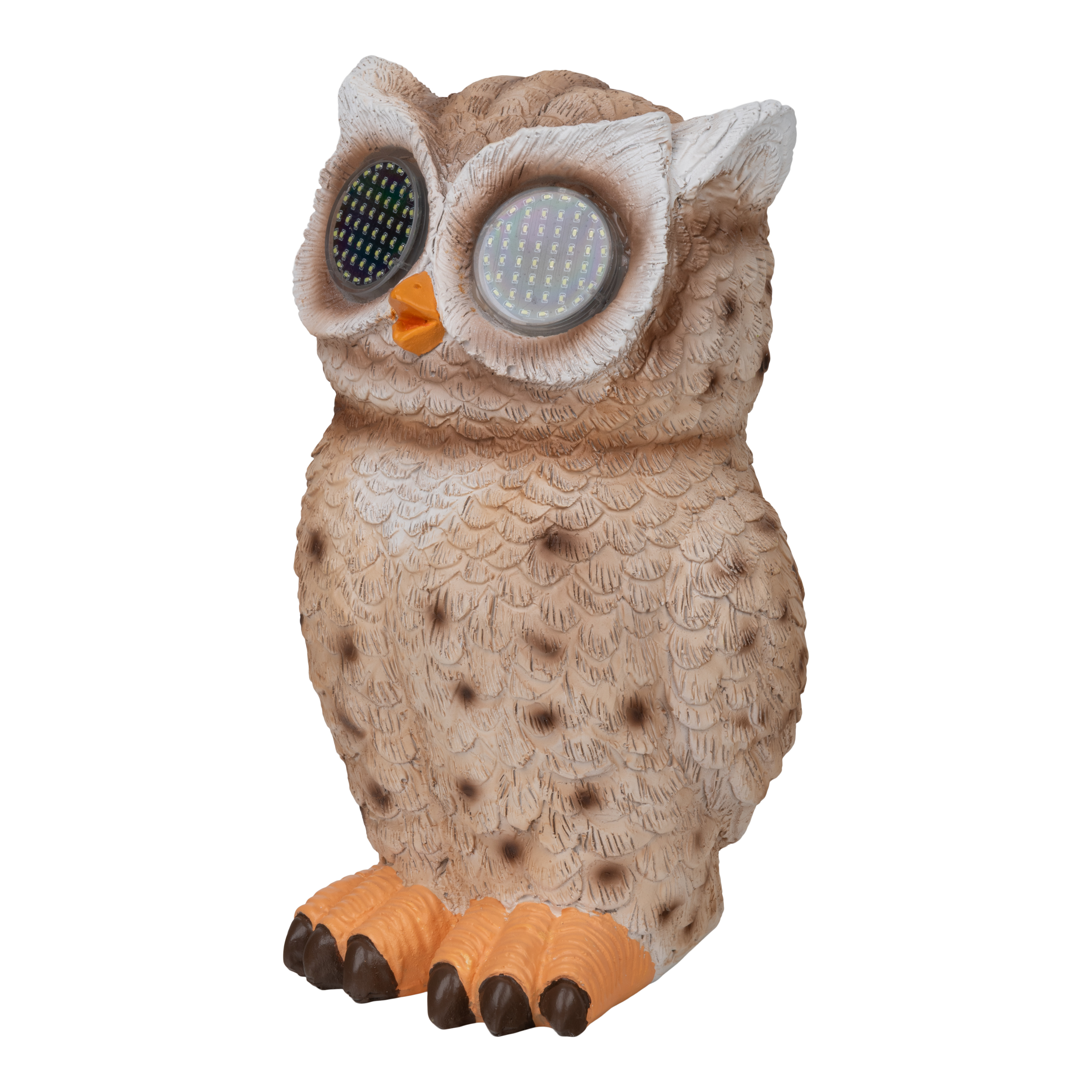 Eine braune Eulenfigur mit LED-Augen und orangefarbenen Füßen.