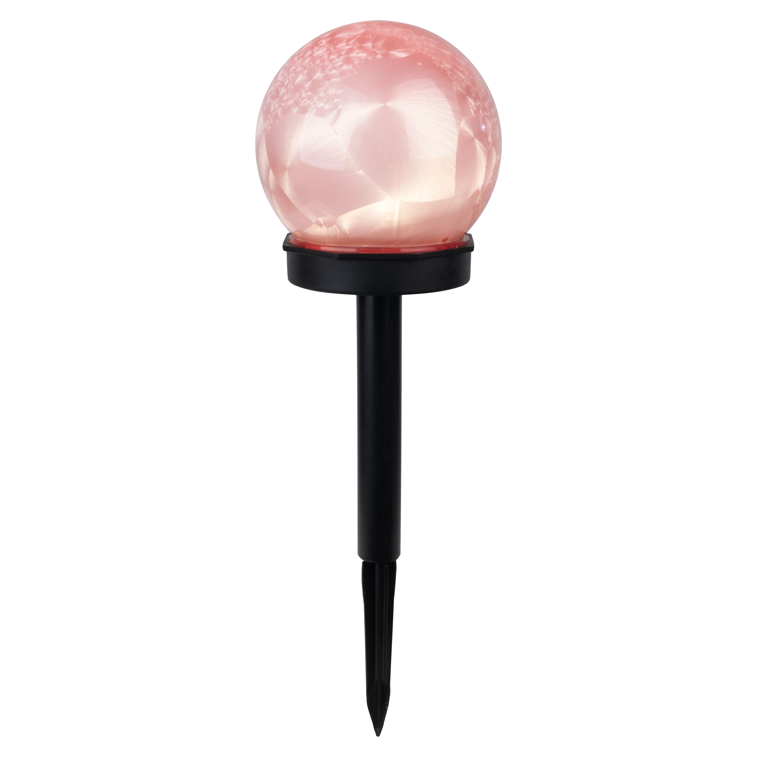 Ein rosa Solar-Gartenlicht mit einem kugelförmigen Lampenschirm aus Glas.