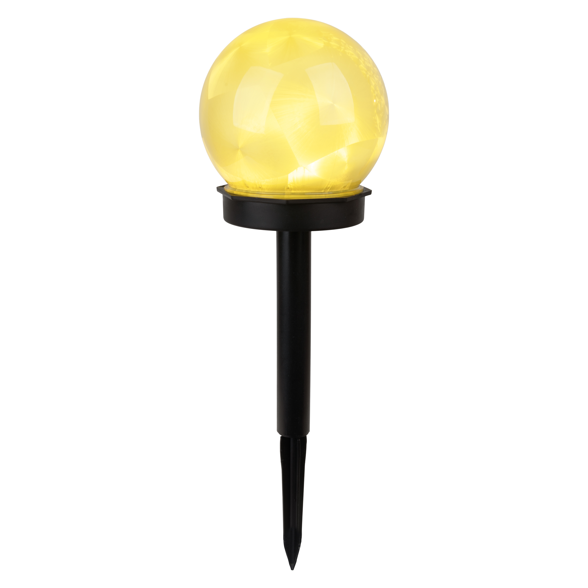 Eine gelbe Solarleuchte mit einem kugelförmigen Lampenschirm und einem schwarzen Erdspieß.