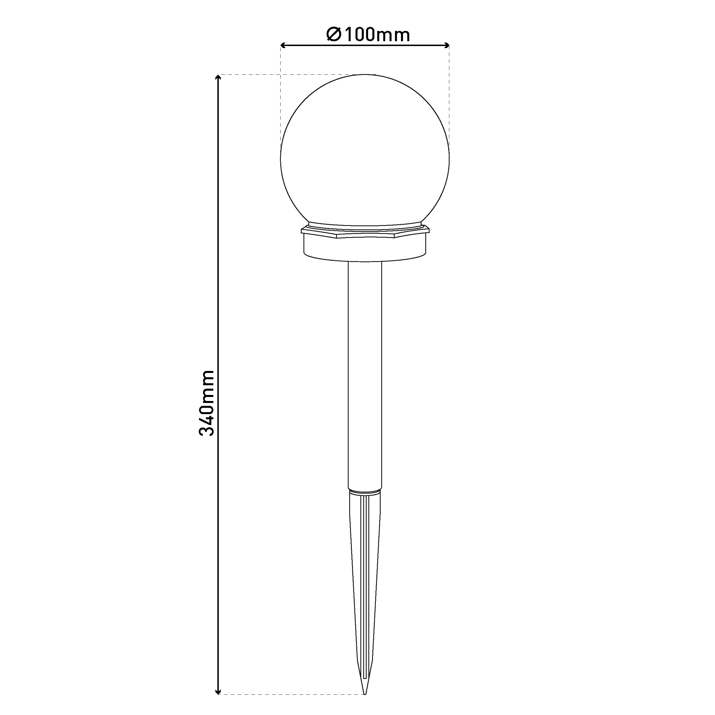 Technische Zeichnung einer Kugel-Lampe mit Erdspieß. Durchmesser 100mm, Höhe 340mm.