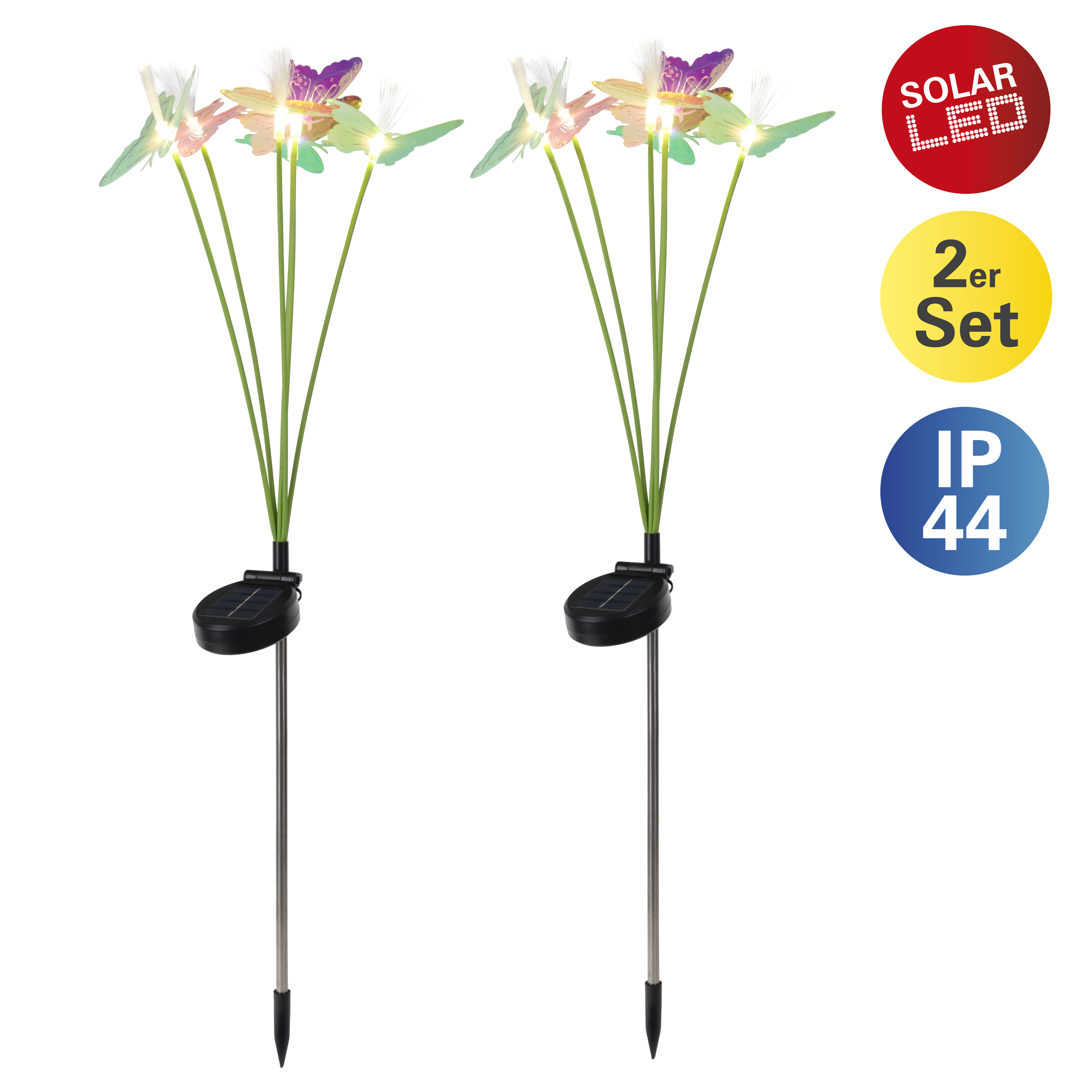 Zwei Solar-LED-Gartenleuchten in Schmetterlingsform mit Lichtfasern.