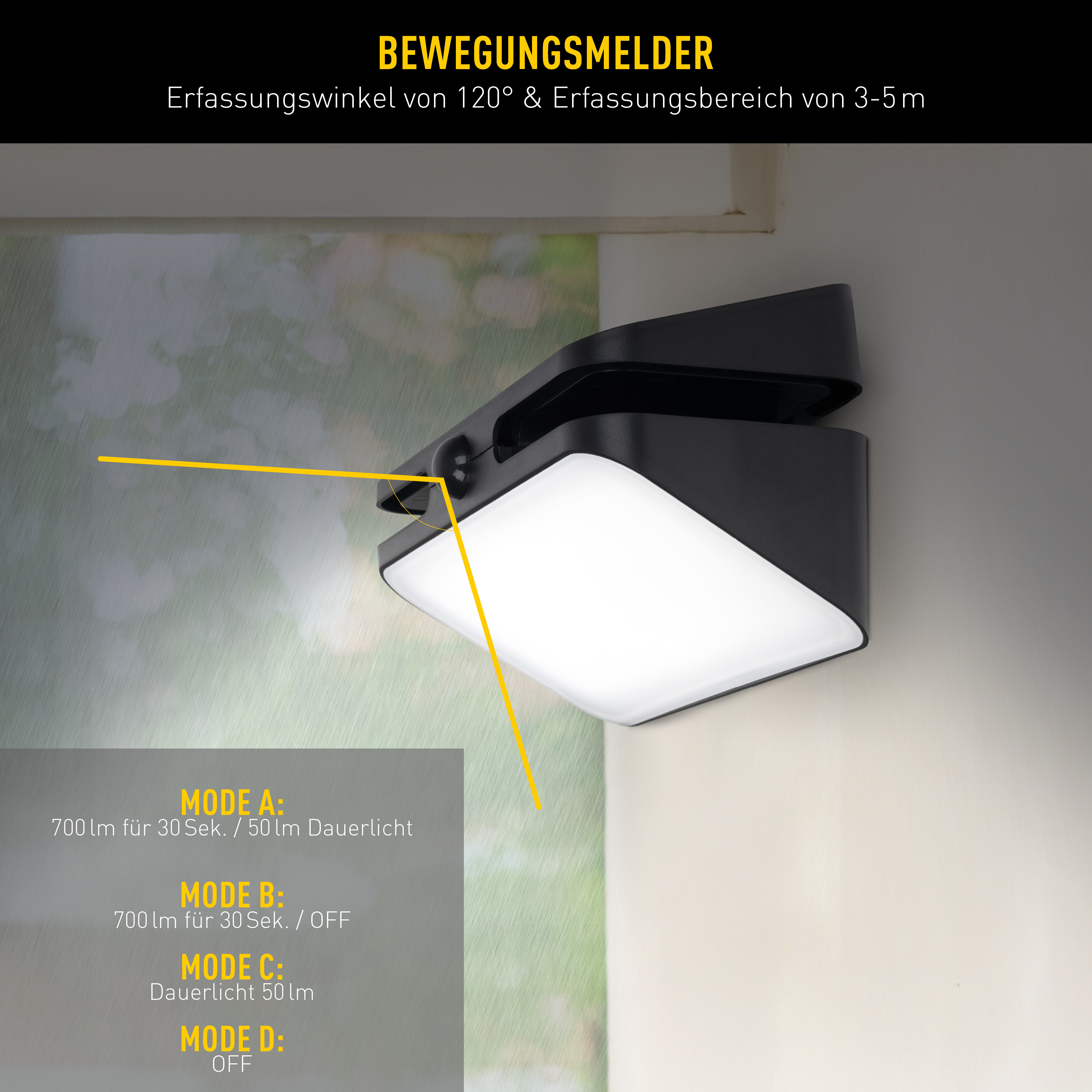 Schwarzer Bewegungsmelder mit Beleuchtung und Modus-Anzeige.