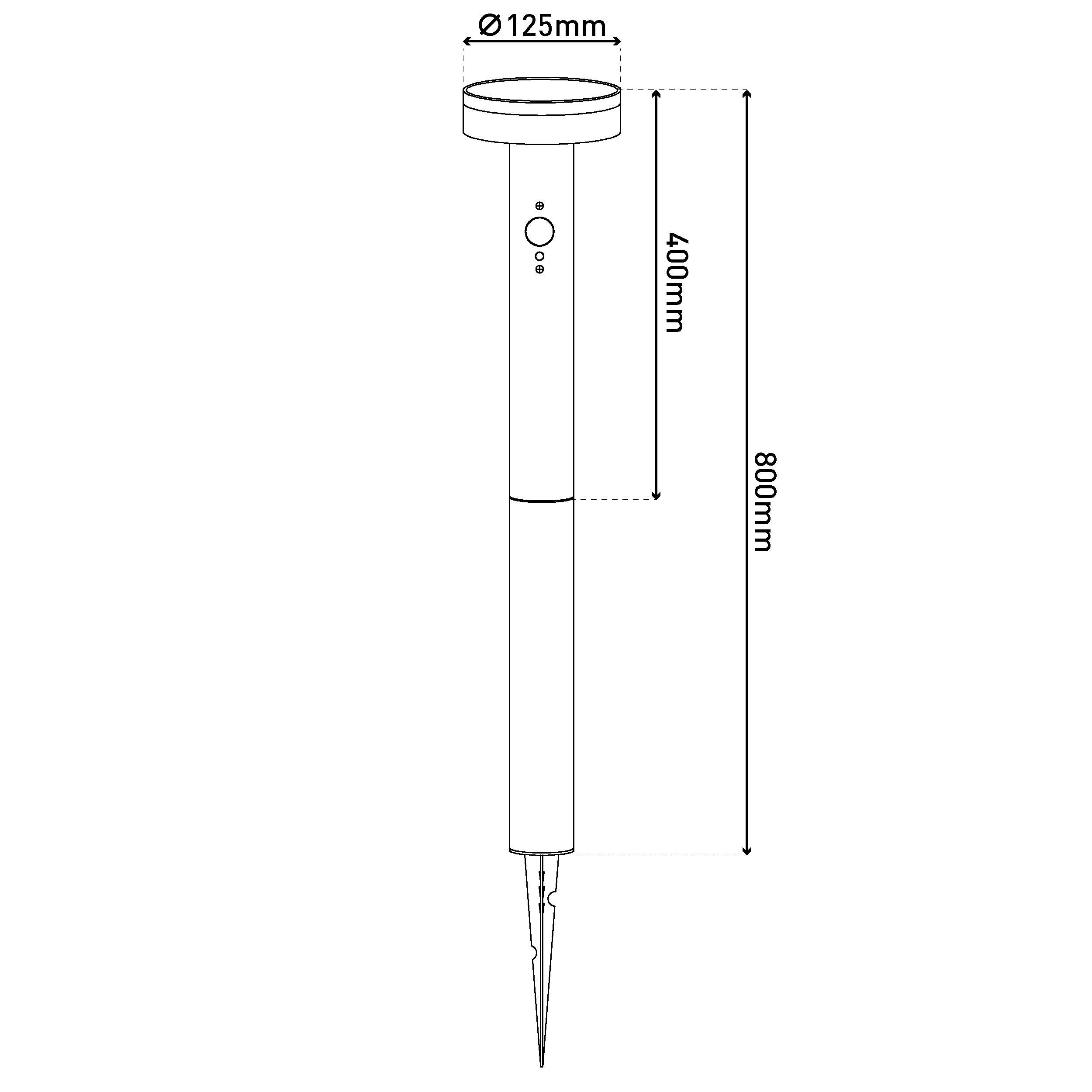 Technische Zeichnung einer Lampe mit Maßen Ø125mm, 400mm und 800mm.