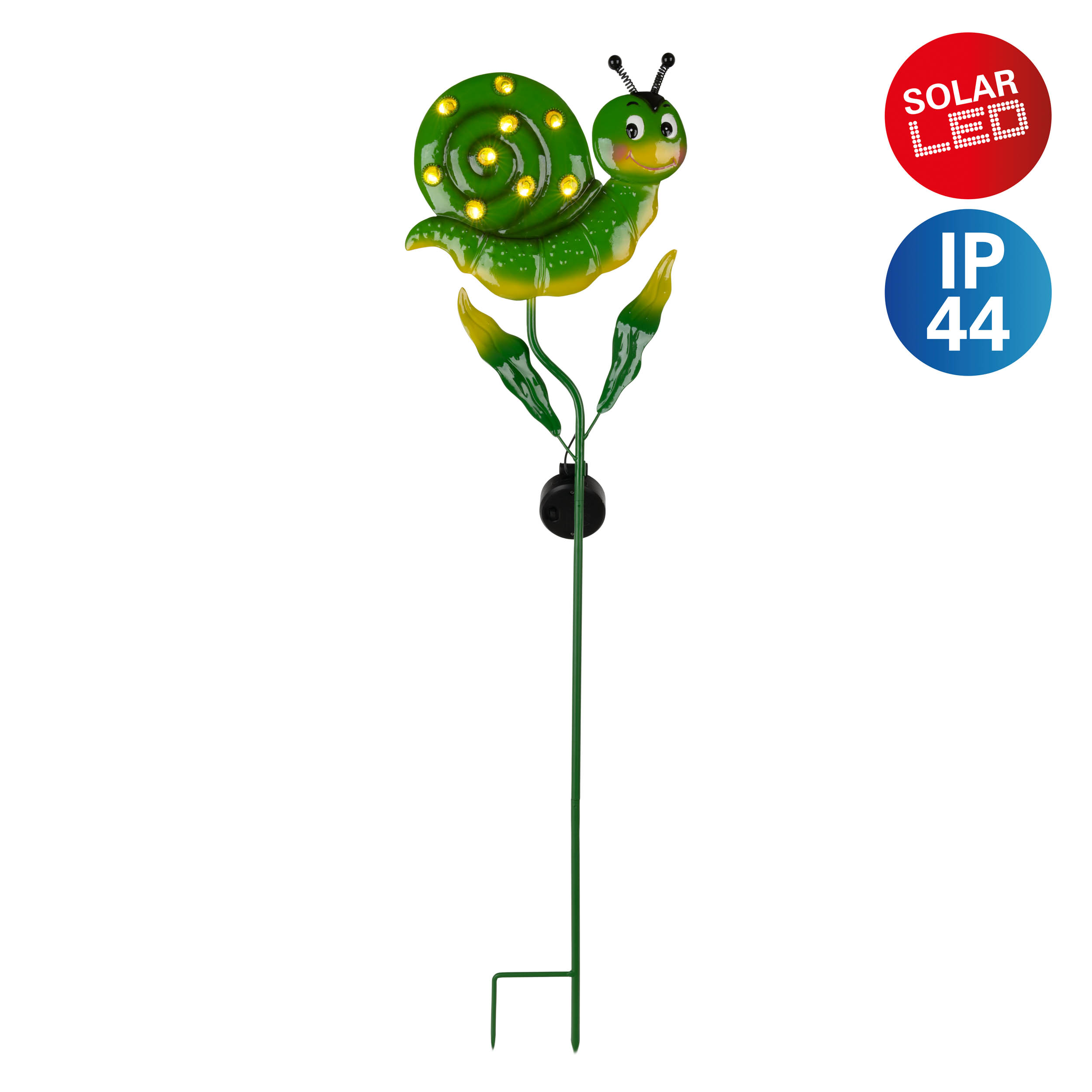 Grüne Solar-Schnecken-Gartenleuchte mit Lichtern auf dem Gehäuse.