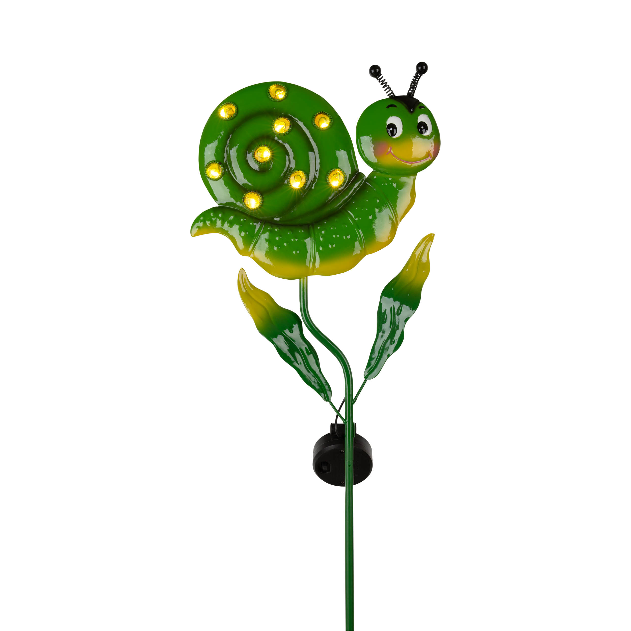 Grüne Solar-Schneckenfigur mit Lichtern auf einem Stiel mit Blättern.