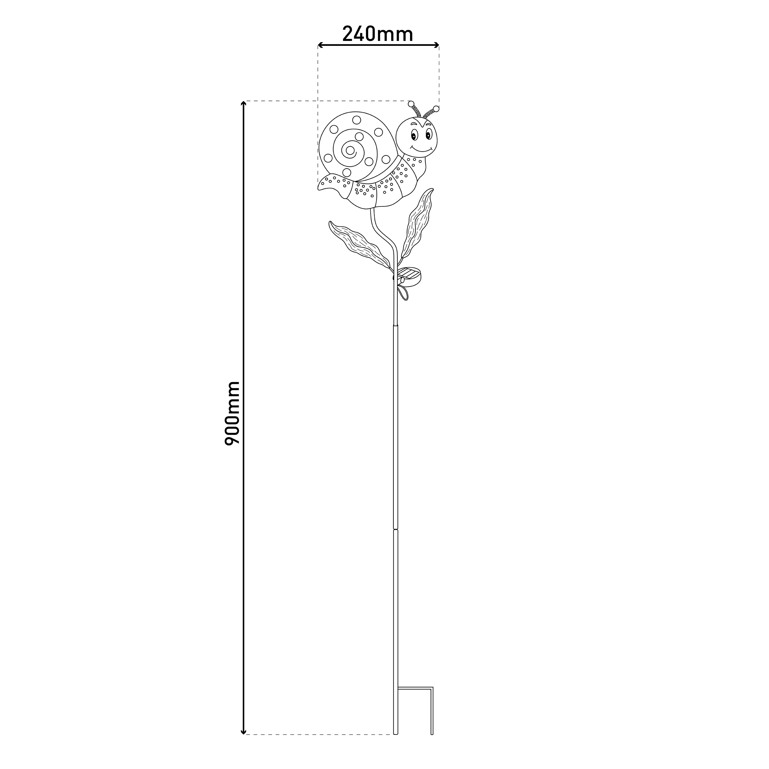 Eine stilisierte Schnecken-Gartenstecker-Zeichnung, 900mm hoch, 240mm breit.