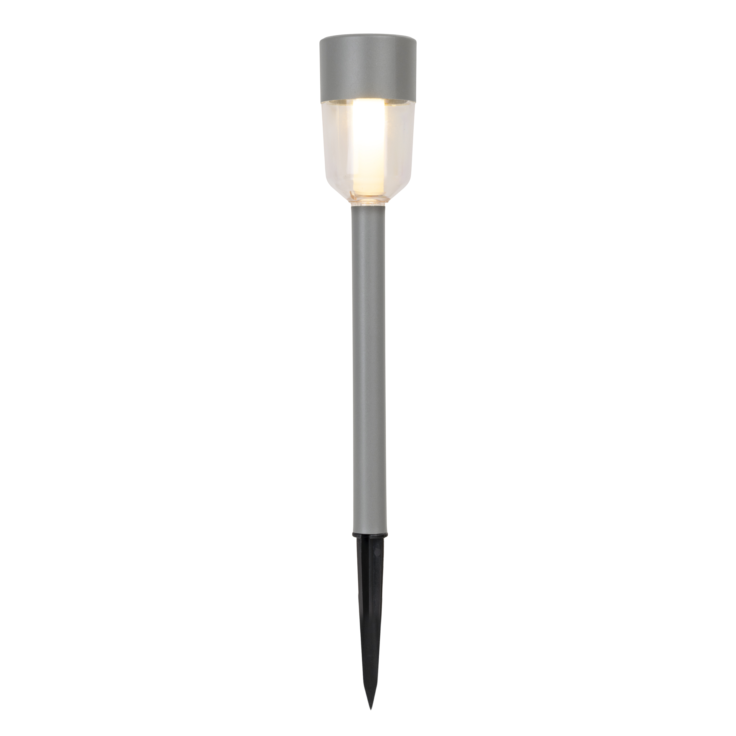 Eine graue Solarleuchte mit klarem Glas und einem Metallstab mit Erdspieß.