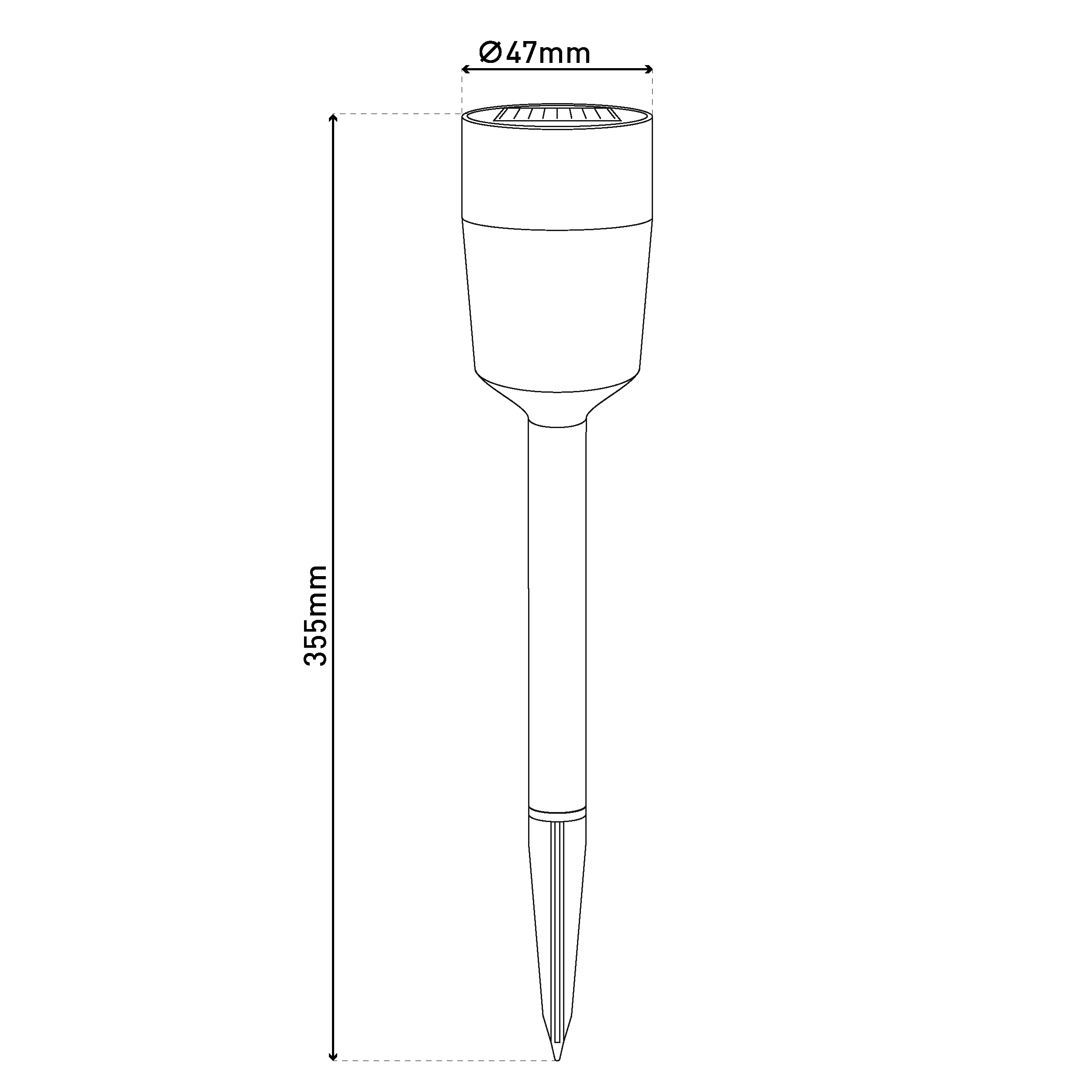 Technische Zeichnung einer Solarleuchte mit 47mm Durchmesser und 355mm Länge.