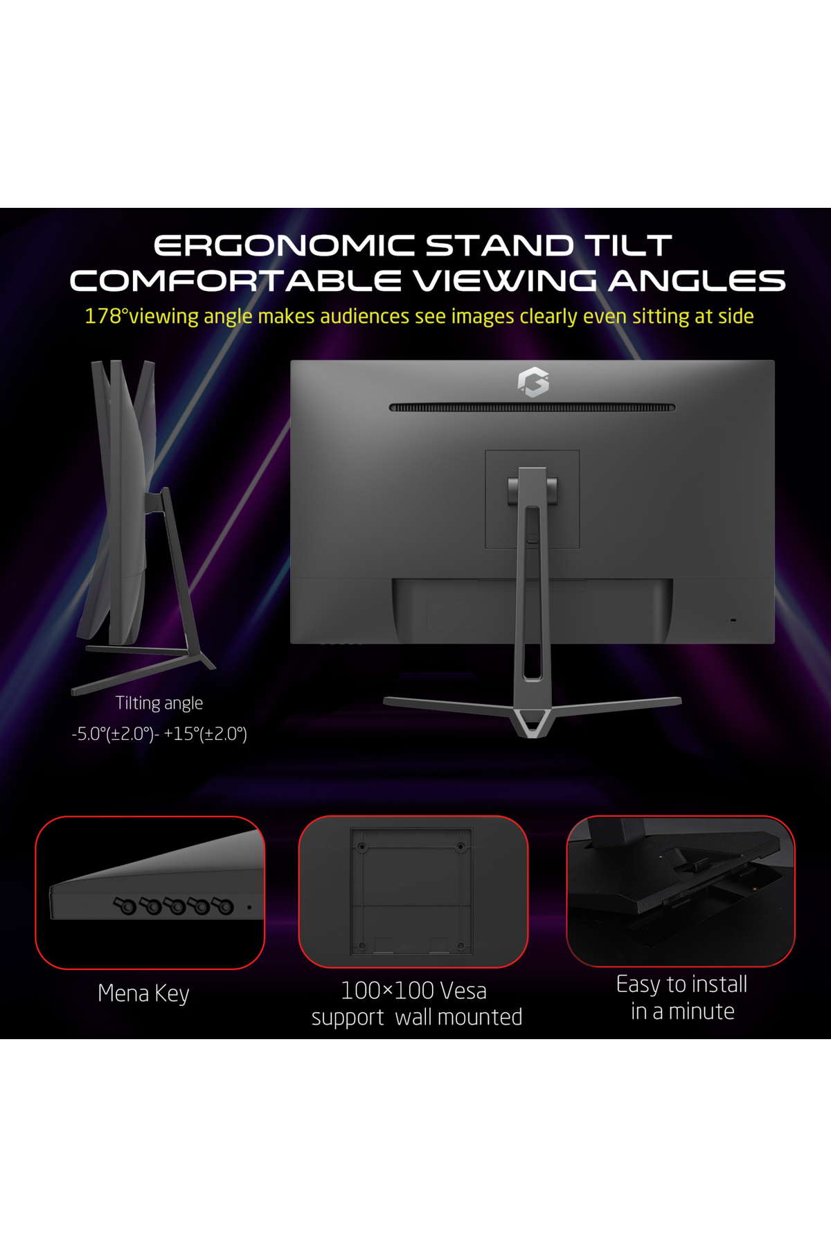 Ergonomik stantlı monitör, eğim açısı -5° ila +15°.