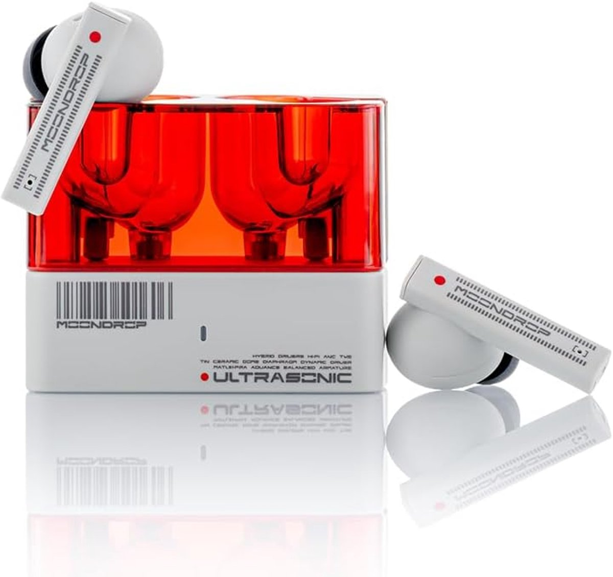 White earbuds with a red charging case. MOONDROP is written on the case and earbuds.