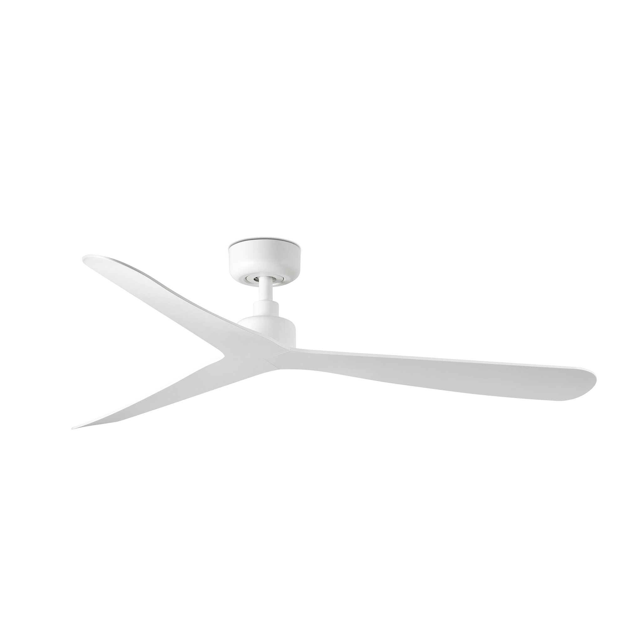 Un ventilatore da soffitto bianco moderno con tre pale eleganti e curve.
