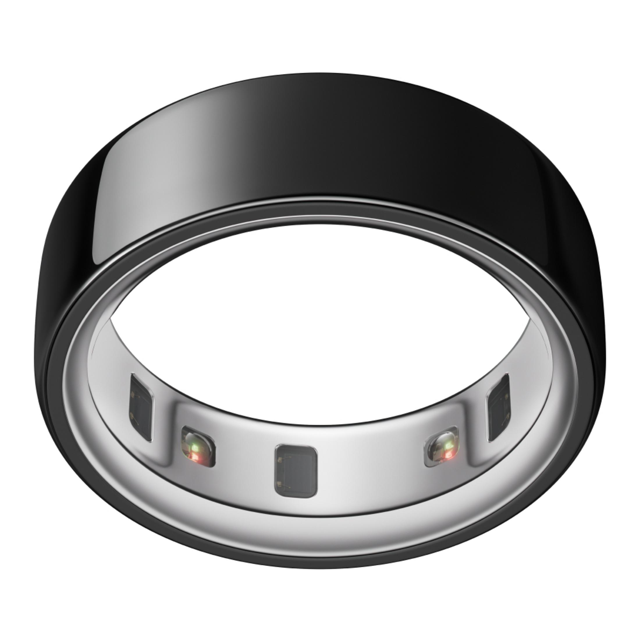 Schwarzer Smart Ring mit silbernem Innenleben und Lichtern.
