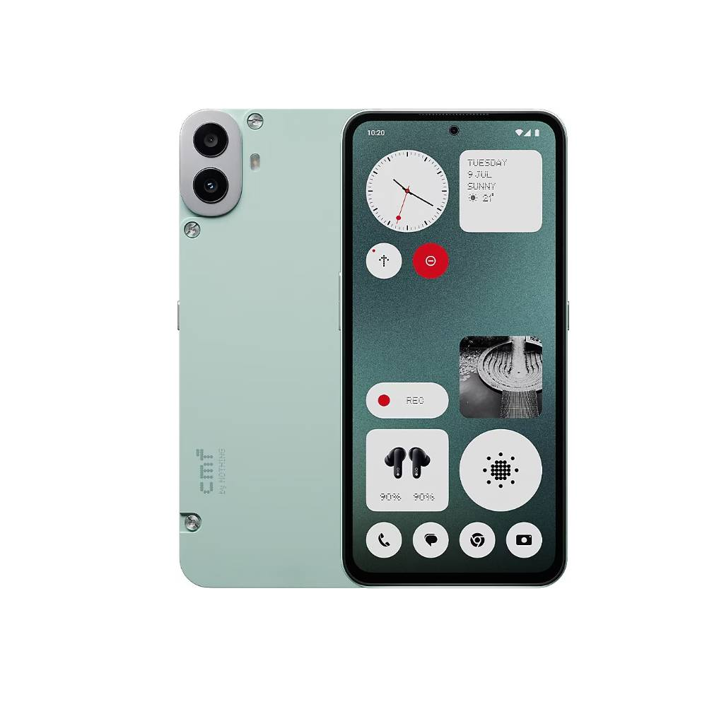 Arkada çift kamera ve widget'lar gösteren büyük ekranlı açık yeşil bir akıllı telefon.