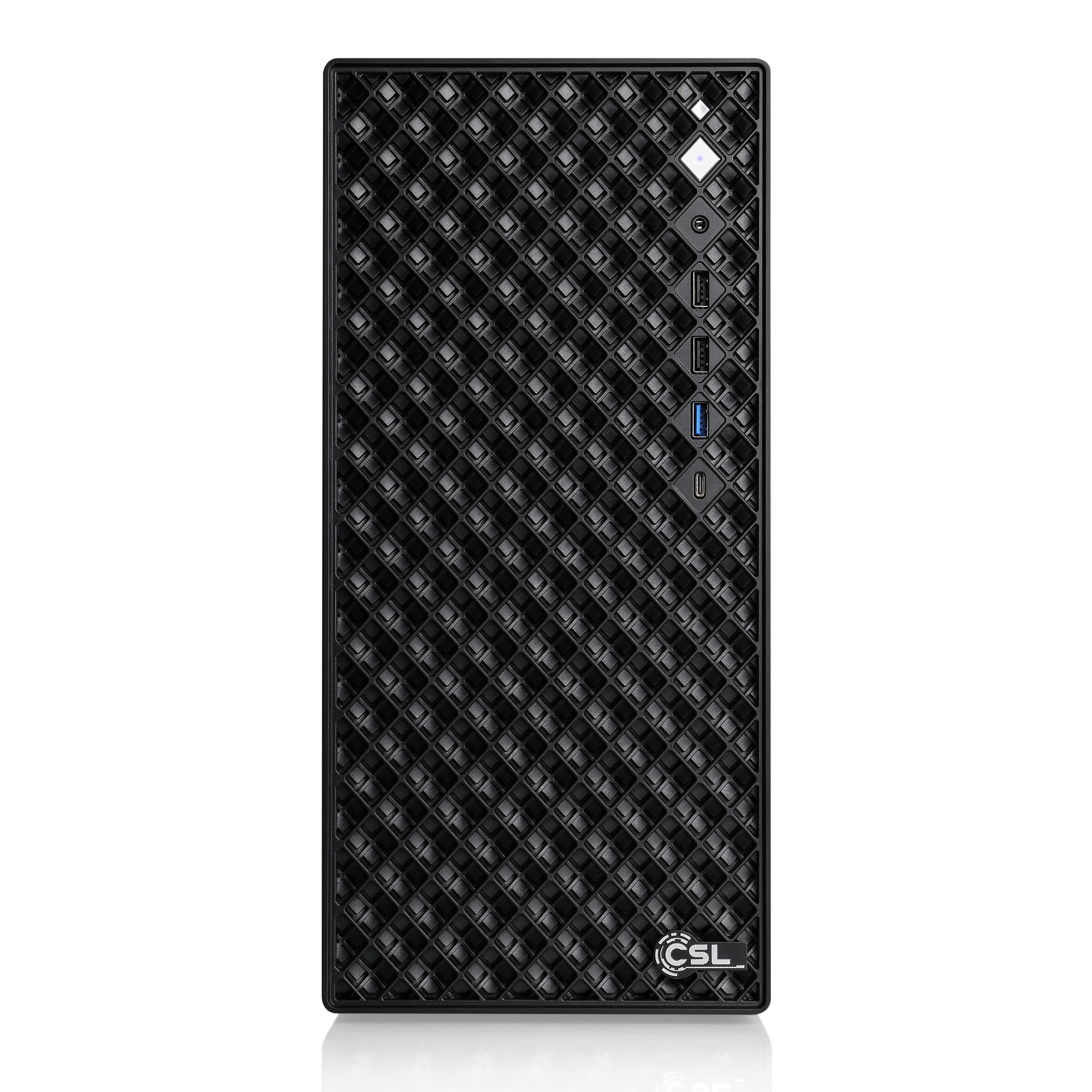 Tour d'ordinateur noire avec motif de grille en losange et ports USB.