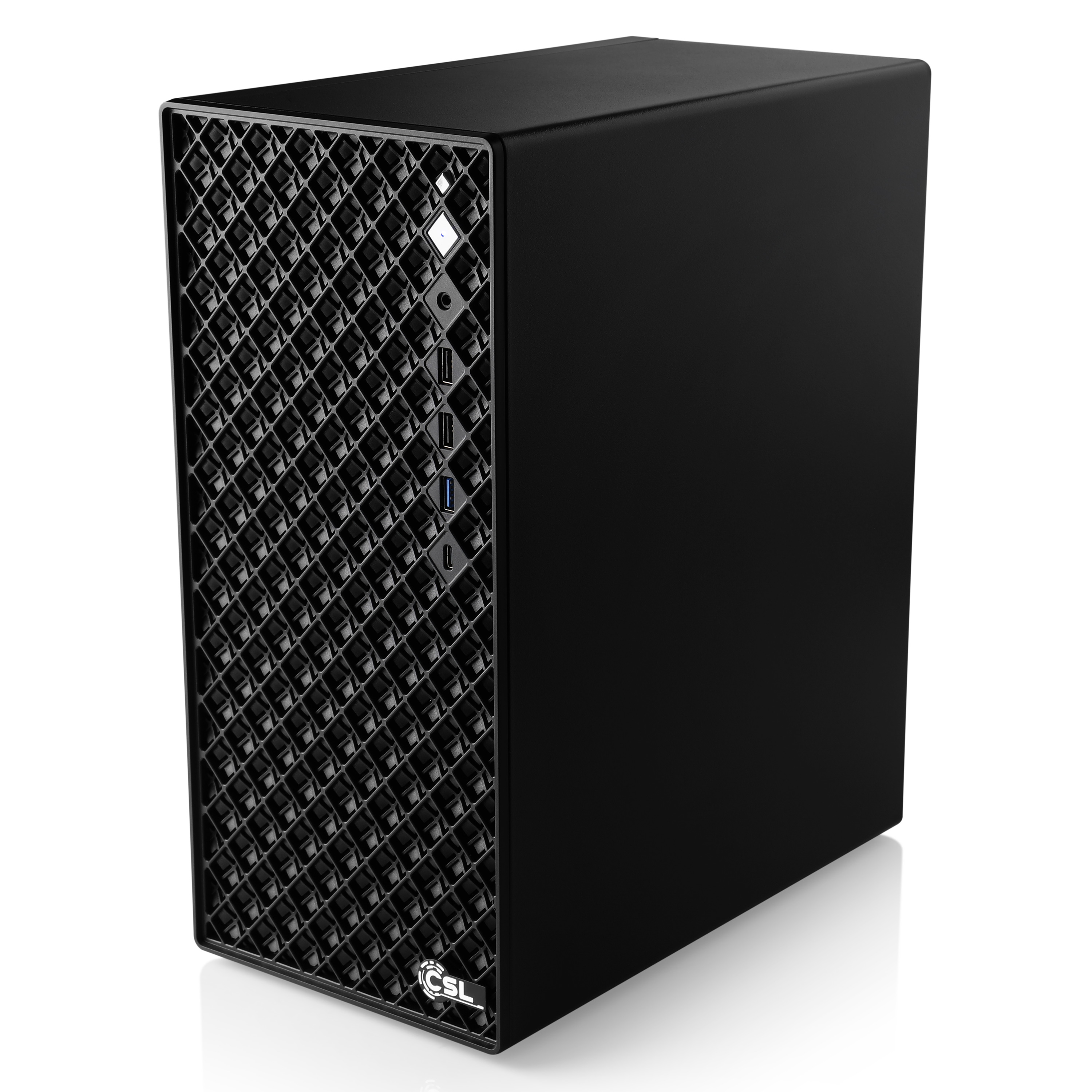 Boîtier d'ordinateur noir avec façade grillagée et ports USB.