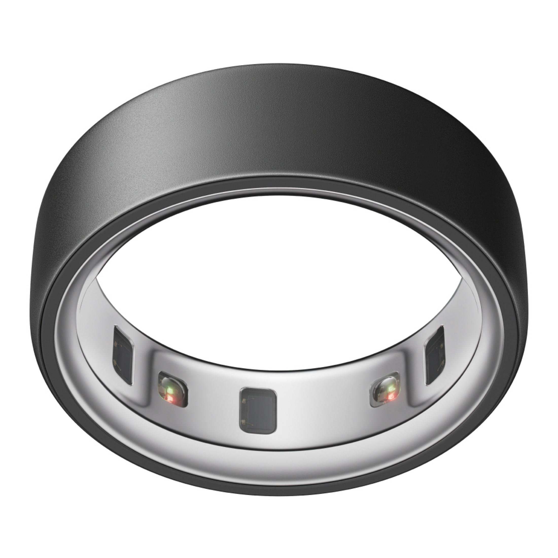 Ein schwarzer Ring mit silbernen Akzenten und Lichtern innen.