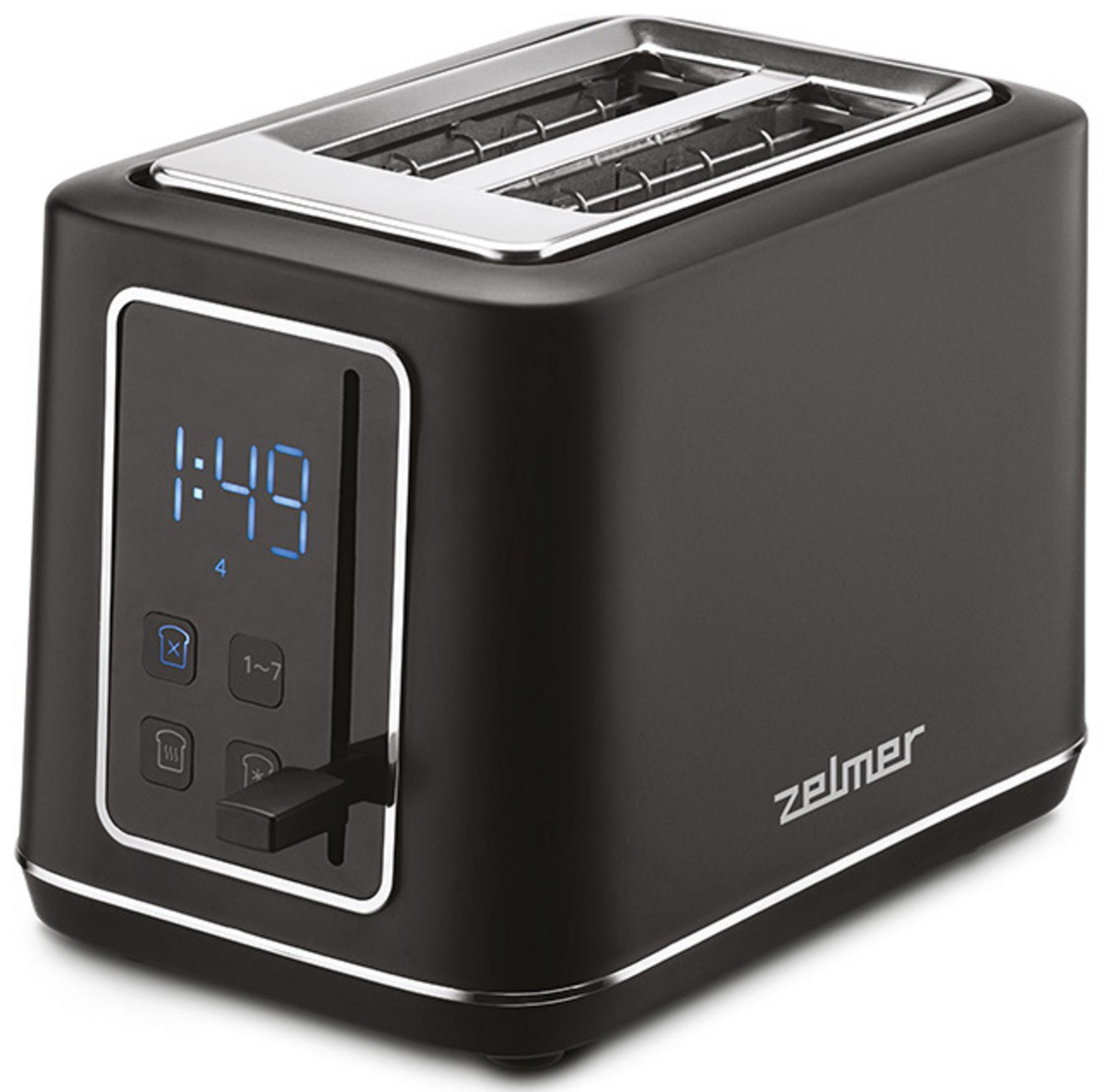 Tostapane nero con display digitale e finiture cromate.