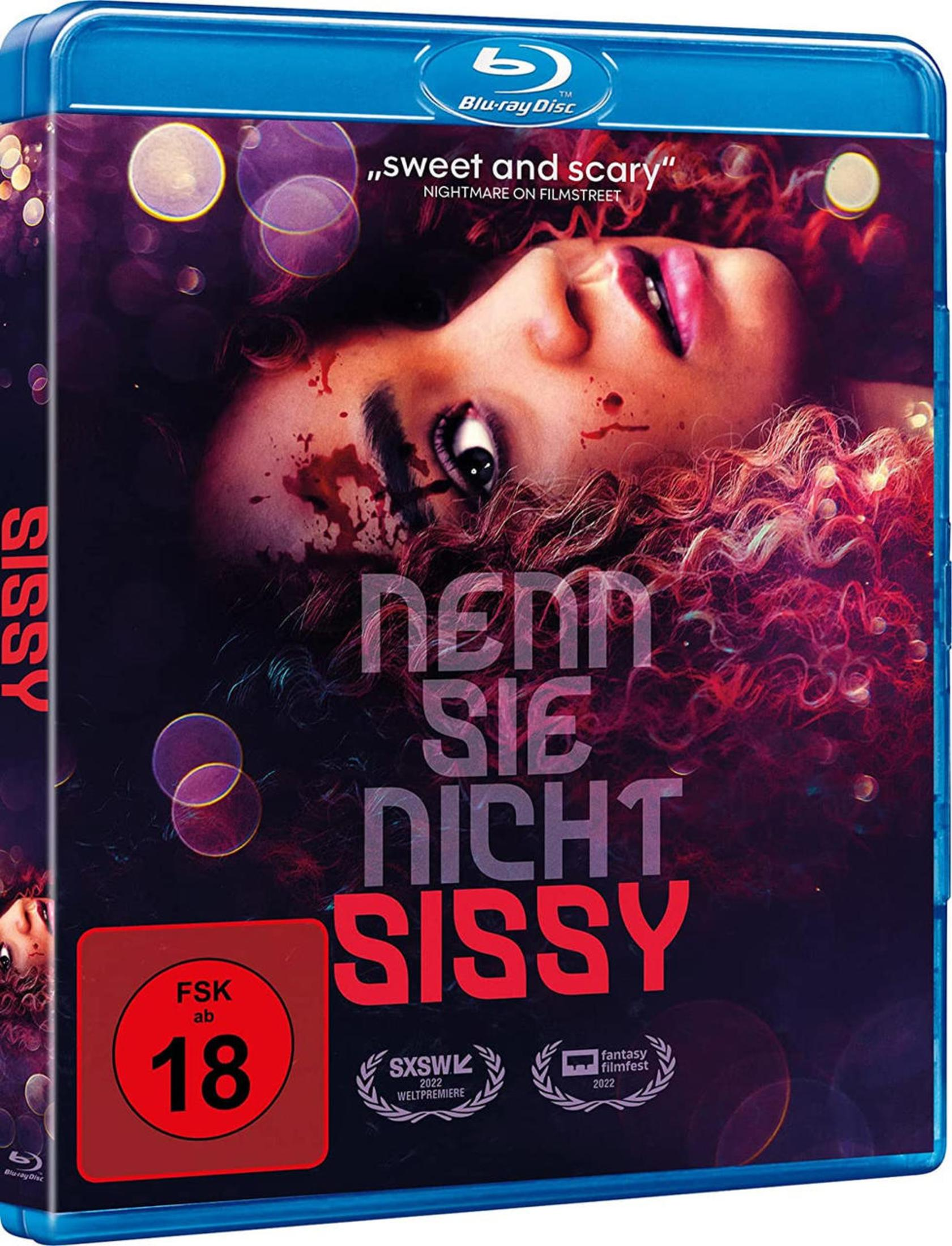 Copertina Blu-ray a tema horror: donna con macchie di sangue, titolo 'NENN SIE NICHT SISSY'.
