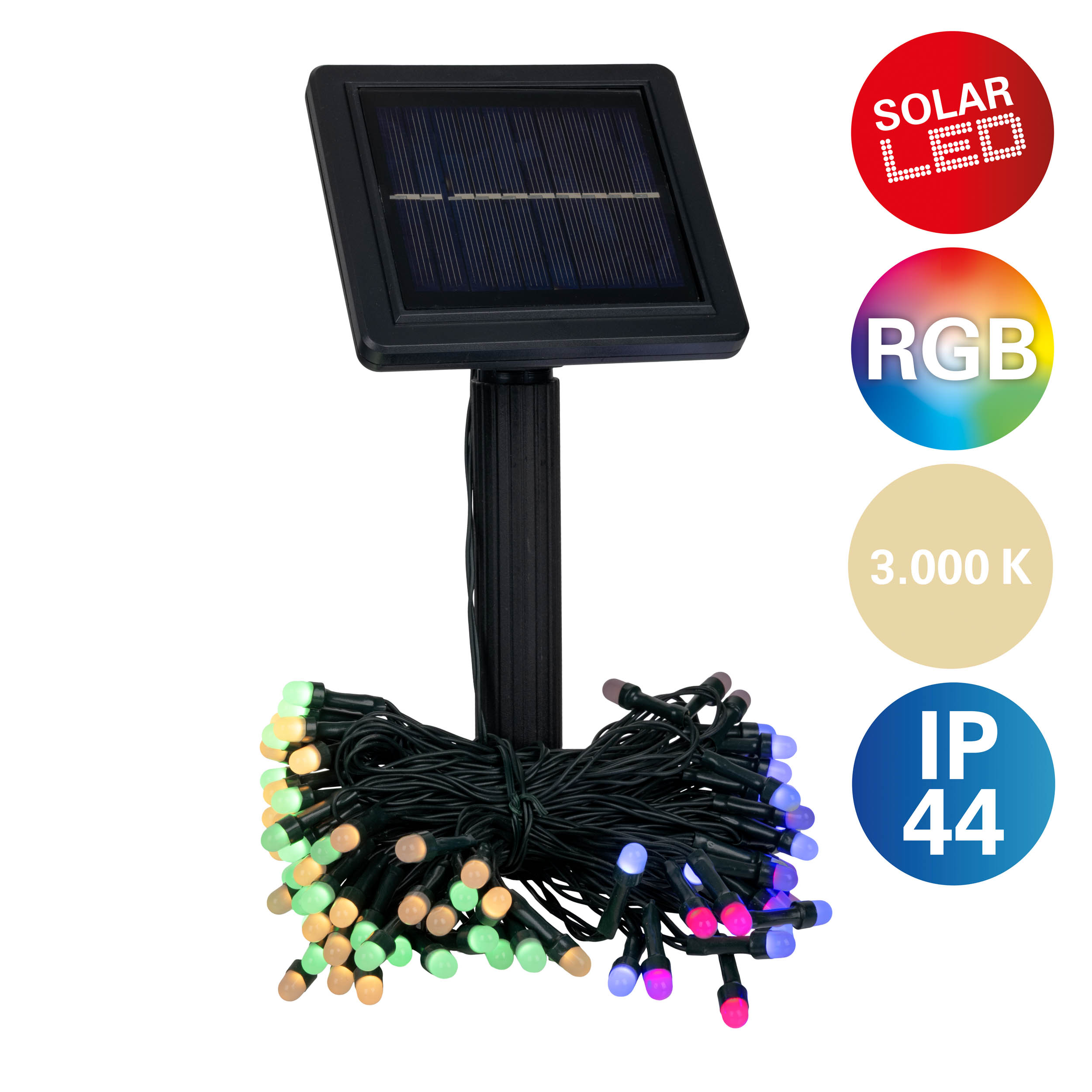 Solar-LED-Lichterkette mit RGB-Farben und IP44-Schutz.