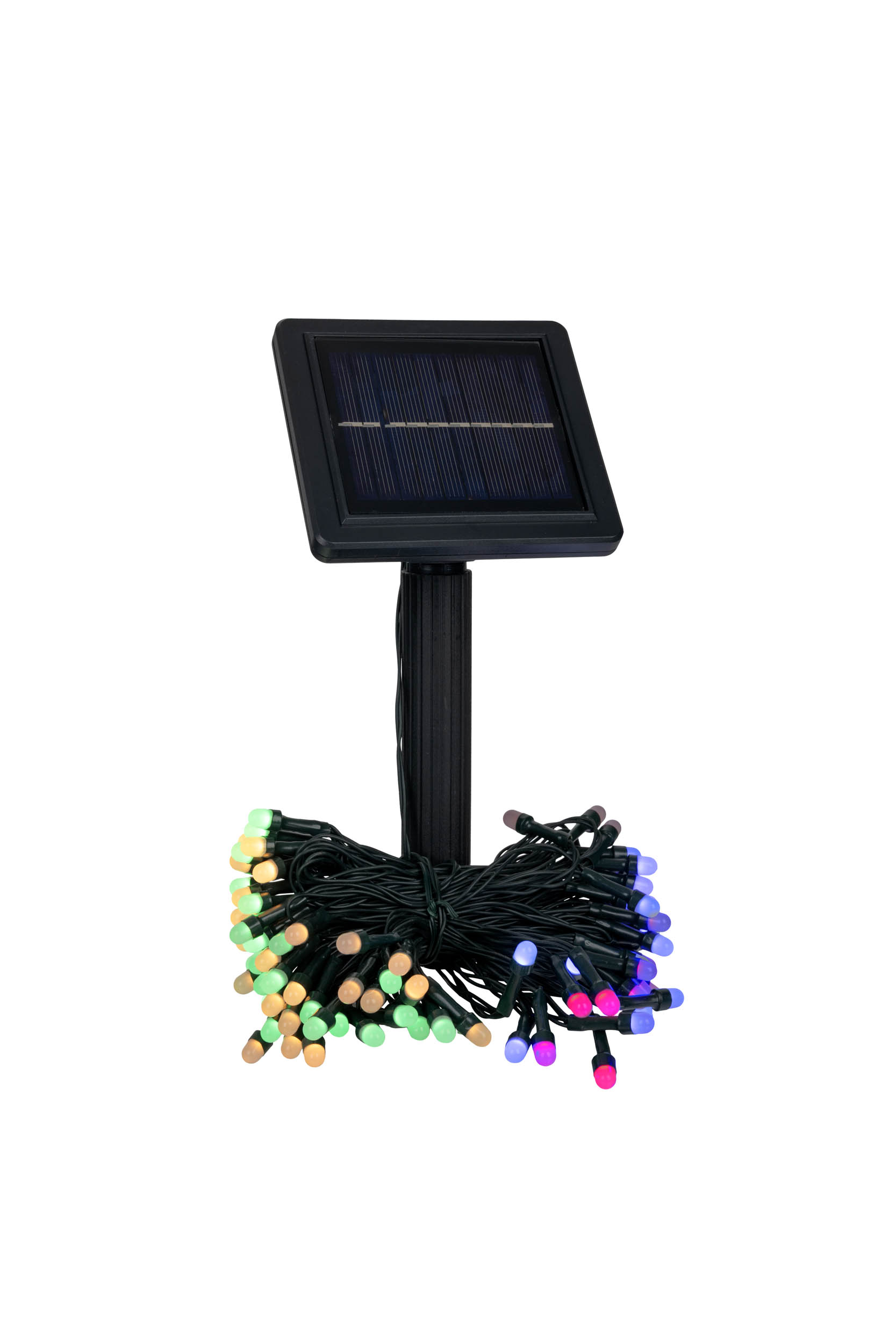 Solarpanel mit Lichterkette in Grün-, Gelb- und Blautönen.