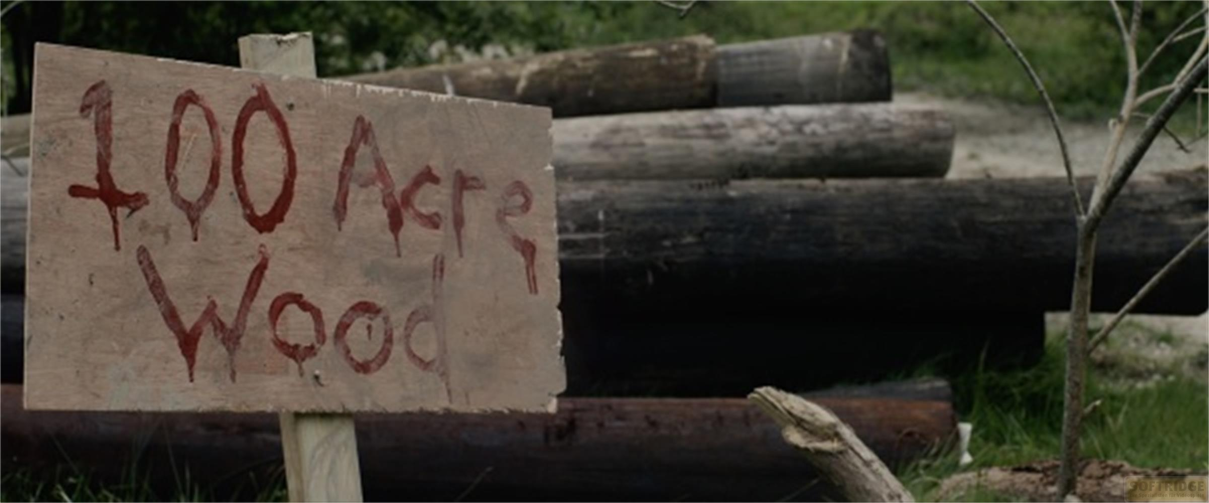 Cartello di legno con scritto '100 Acre Wood' davanti ai tronchi.