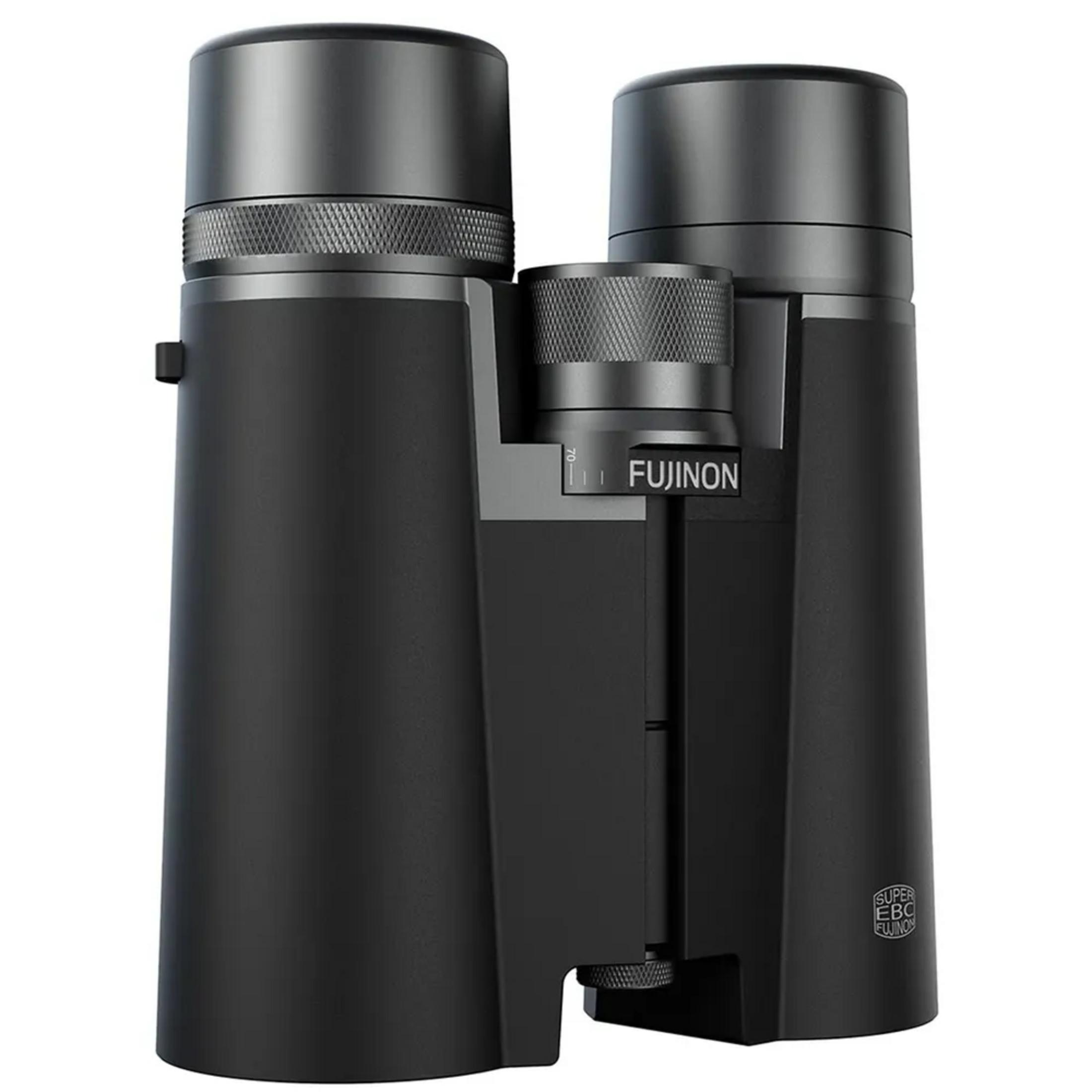 Binocolo Fujinon nero con accenti argentati e rotella di messa a fuoco.