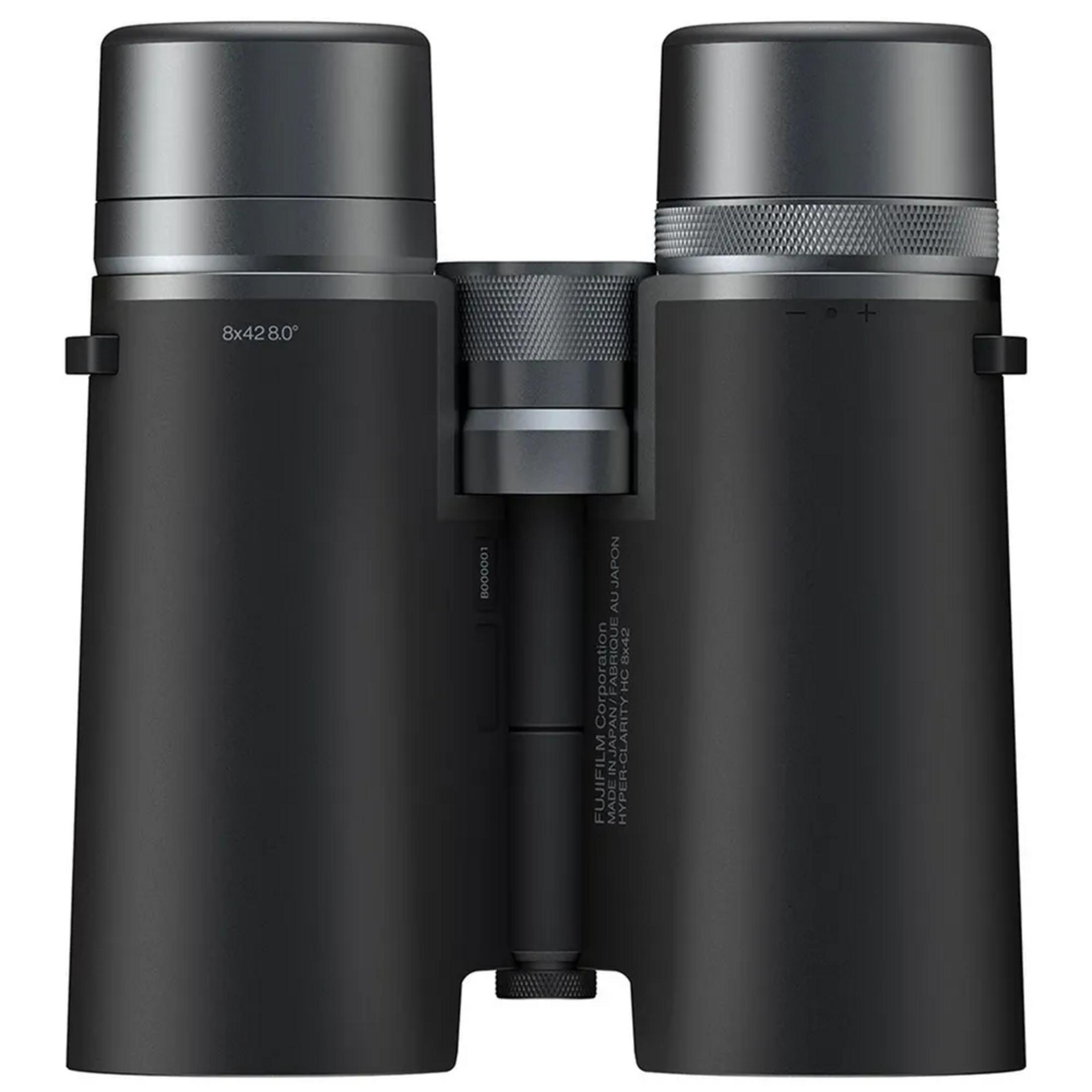 Binocolo Fujifilm nero con specifica 8x42 e rotella di messa a fuoco.