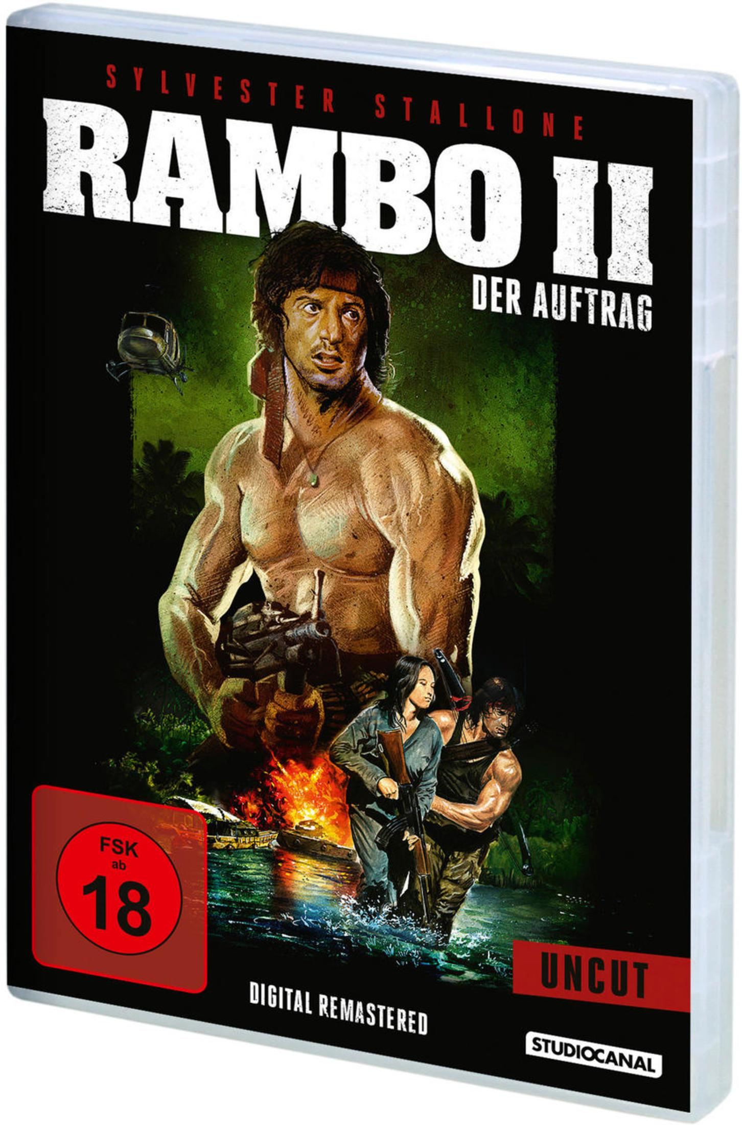 Copertina DVD Rambo II: "La Missione" con Sylvester Stallone, elicottero, barca ed esplosione.