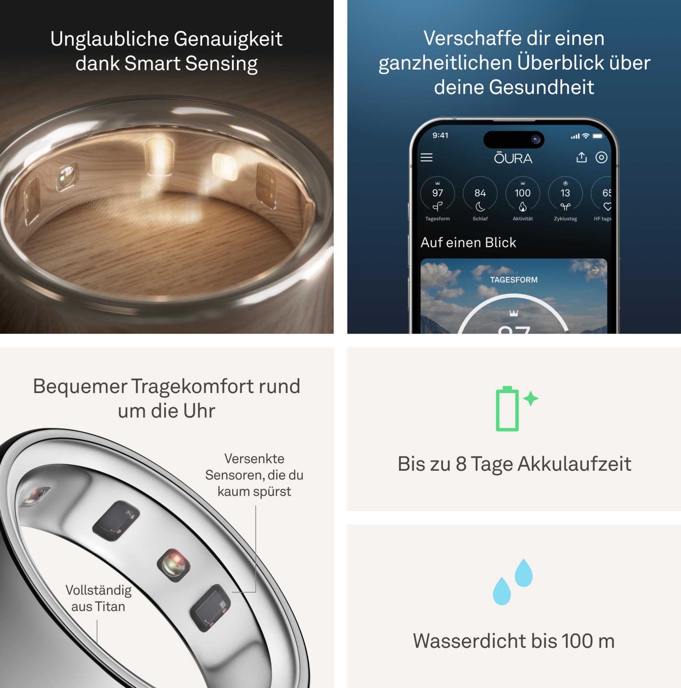 Ein Ring mit Sensoren und ein Smartphone zeigen Gesundheitsdaten an.