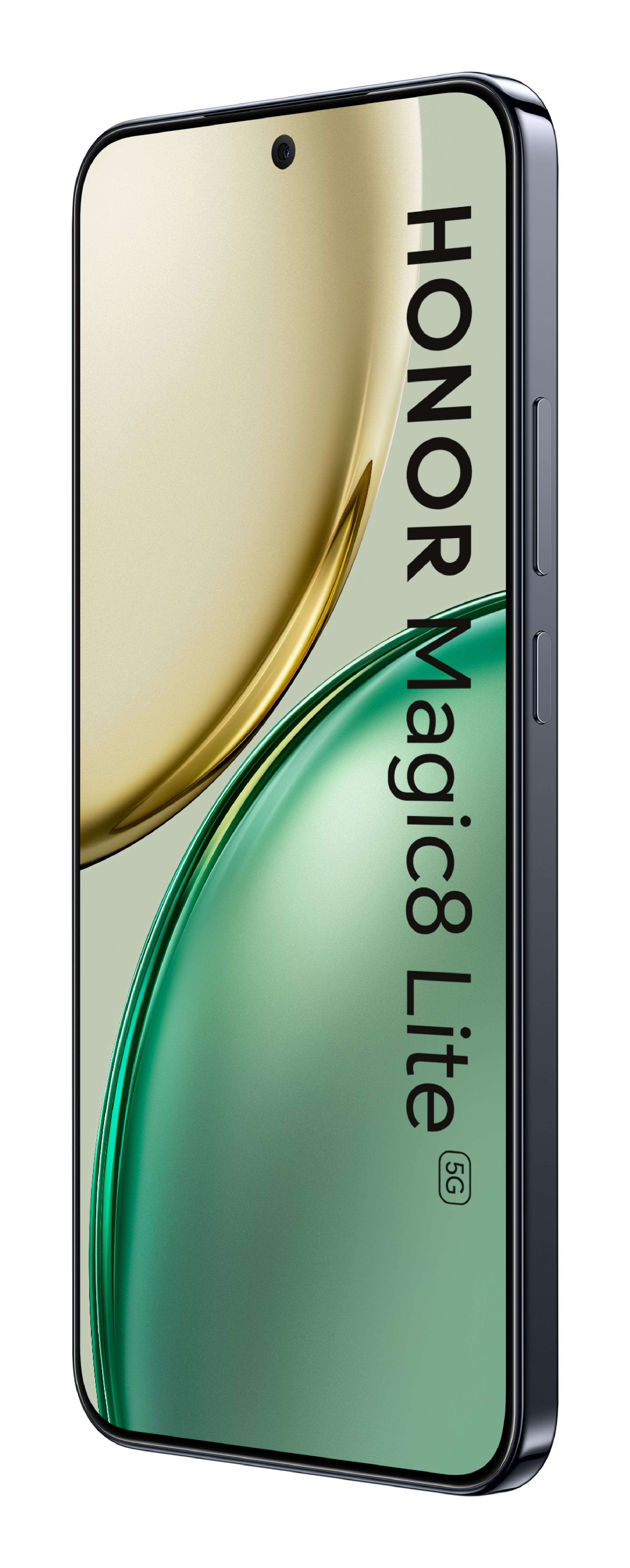 Smartfon Honor Magic8 Lite 5G ze złotym i zielonym tłem.