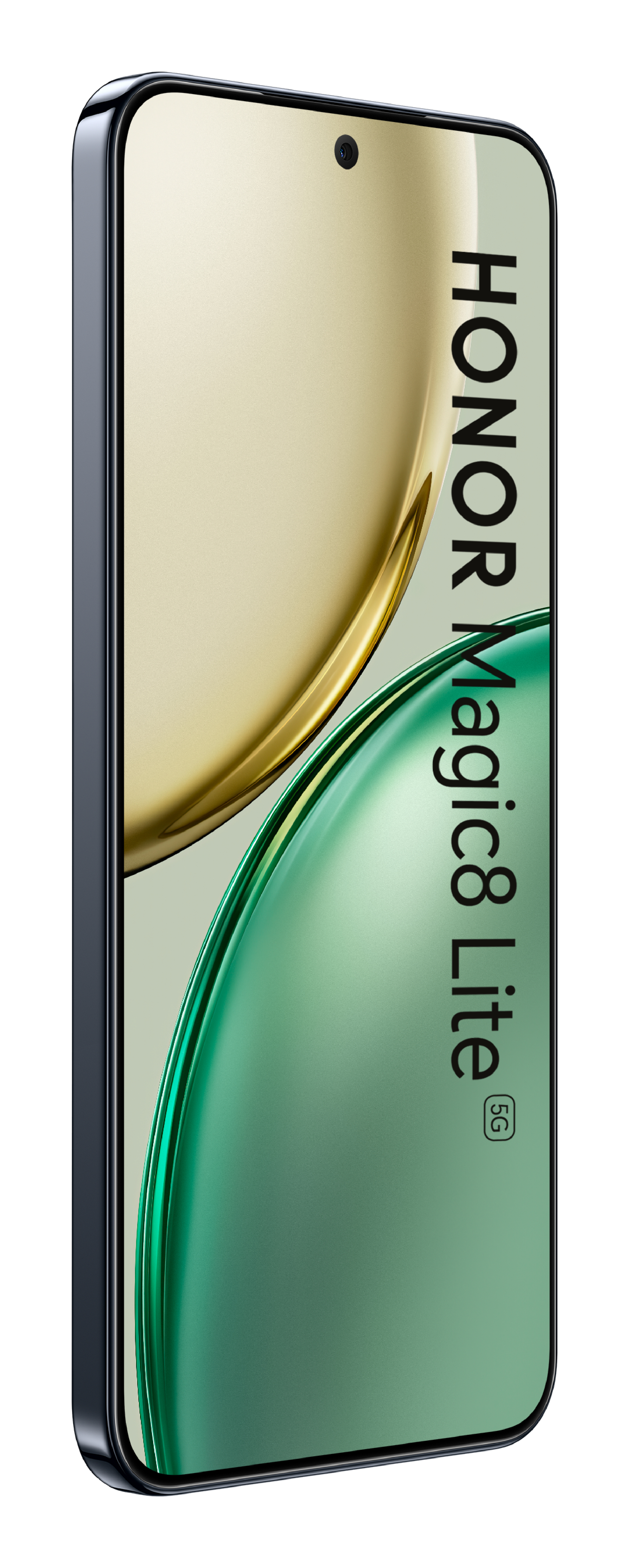 Smartfon Honor Magic8 Lite 5G ze złotym i zielonym tłem.