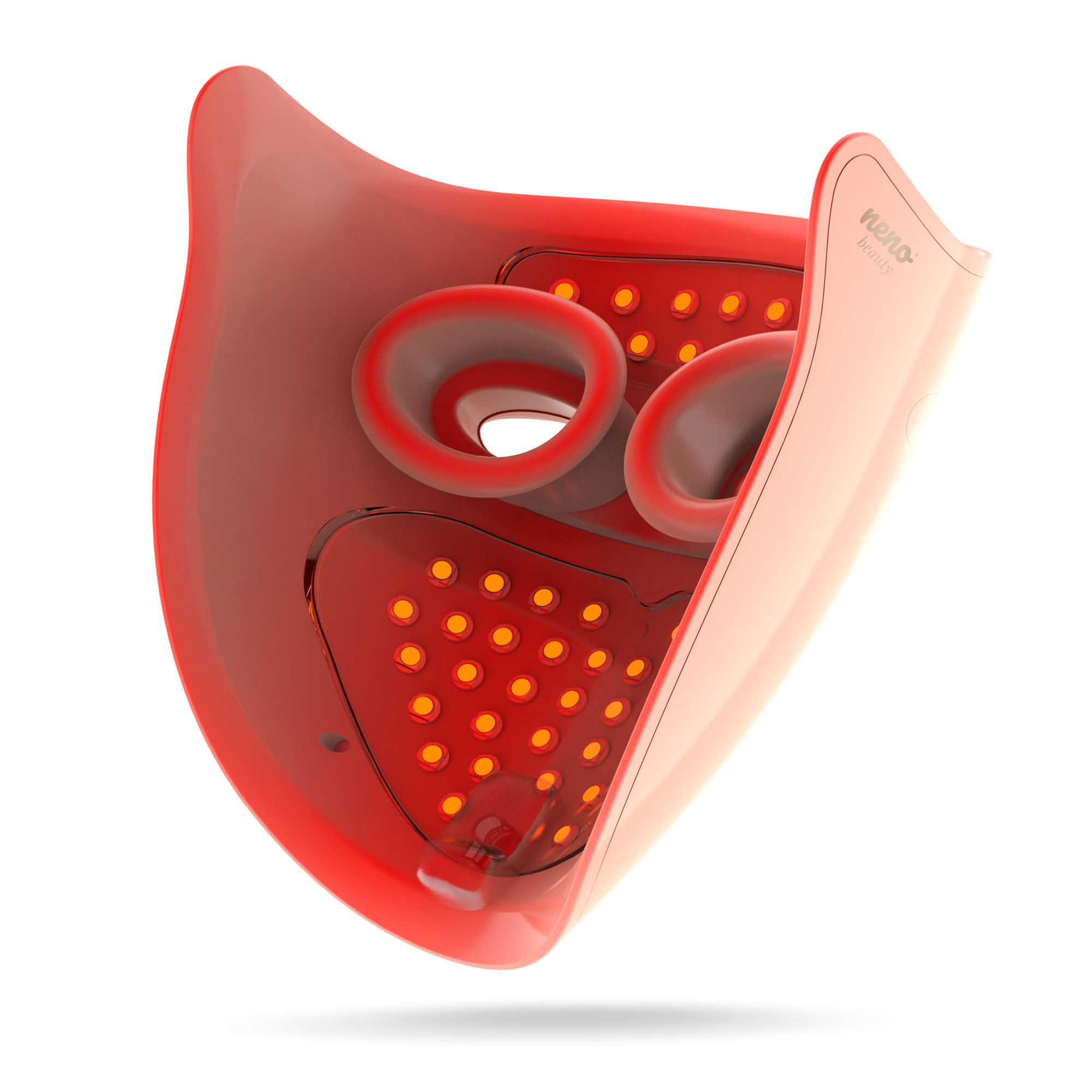 Czerwona maska na twarz ze światłami i dwoma okrągłymi otworami.