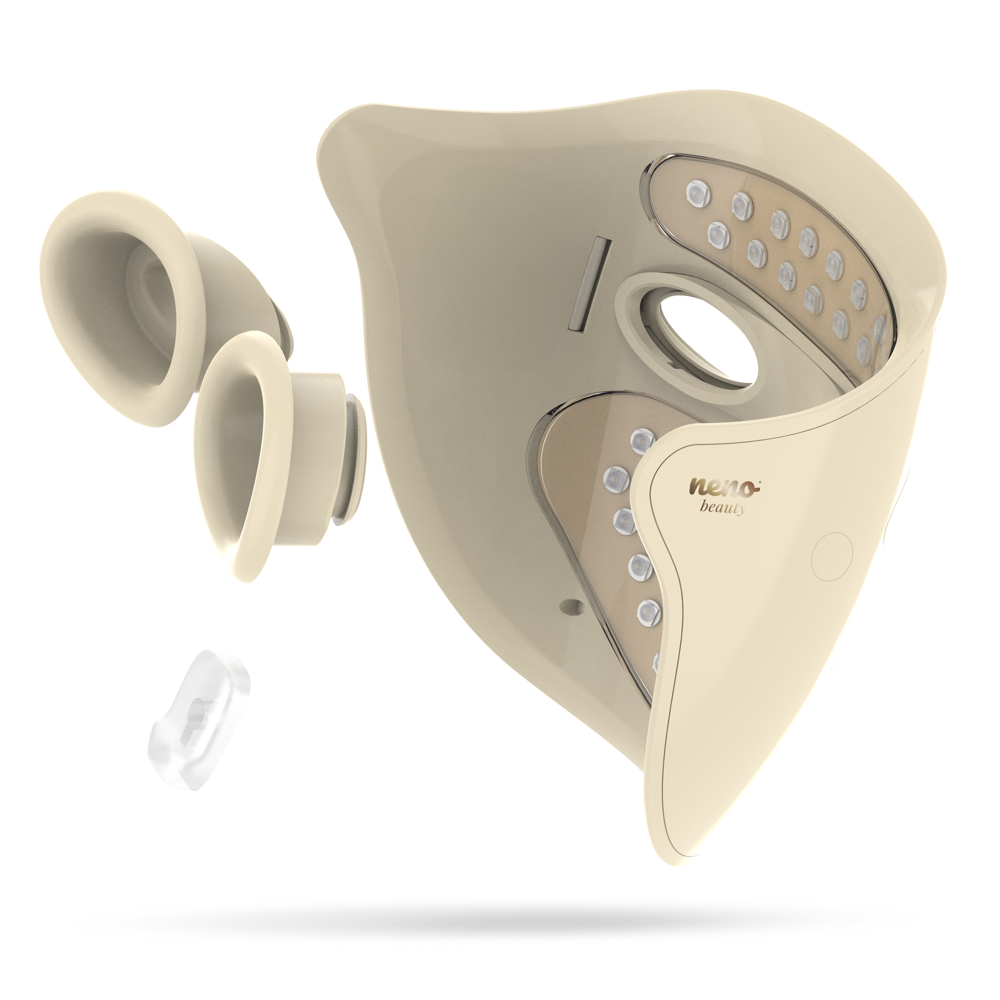 Beżowa maska na twarz z diodami LED, zdejmowanymi silikonowymi nakładkami i przezroczystym klipsem.