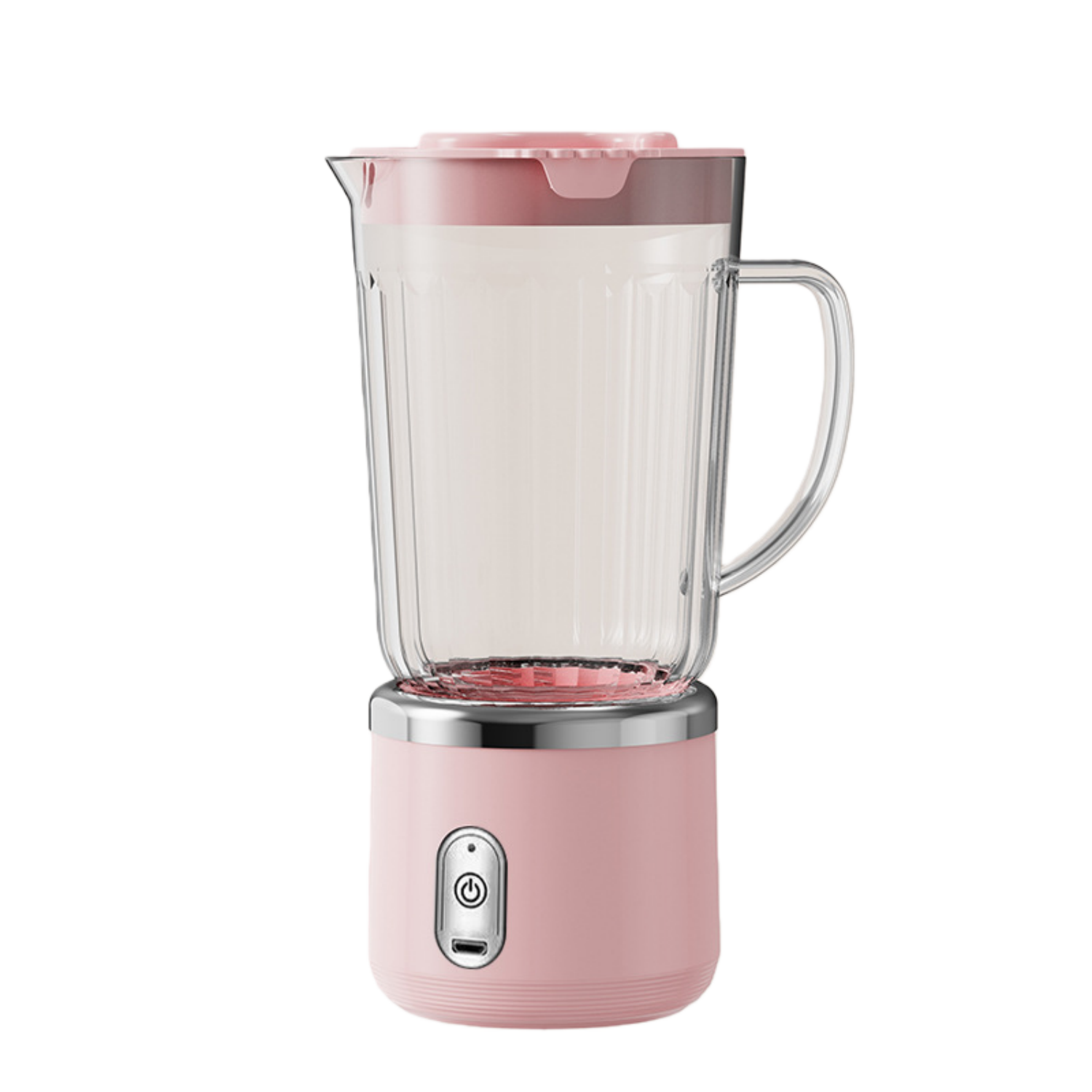 Ein pinker Mixer mit Glasbehälter und silbernem Detail am Sockel.
