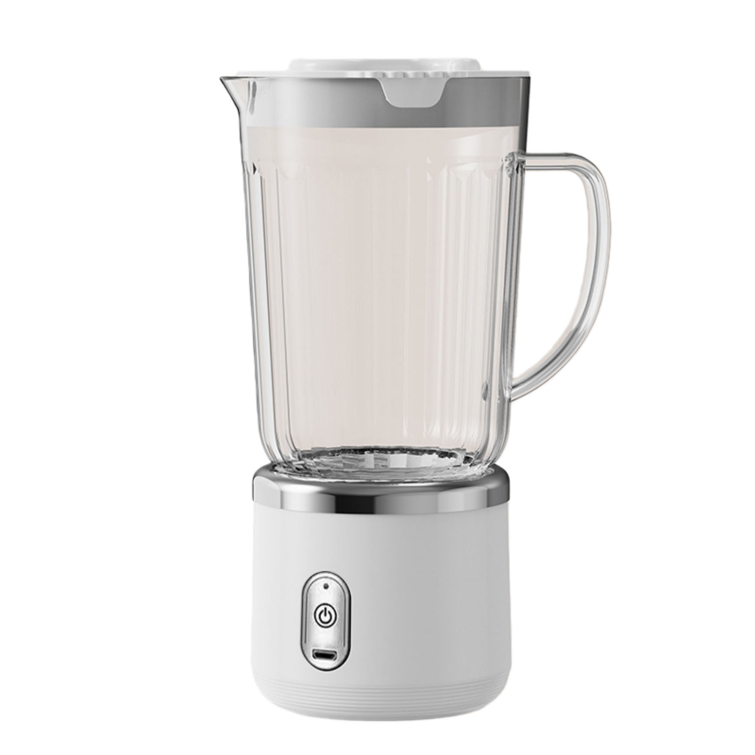 Ein weißer Mixer mit Glaskrug, gefüllt mit heller Flüssigkeit.
