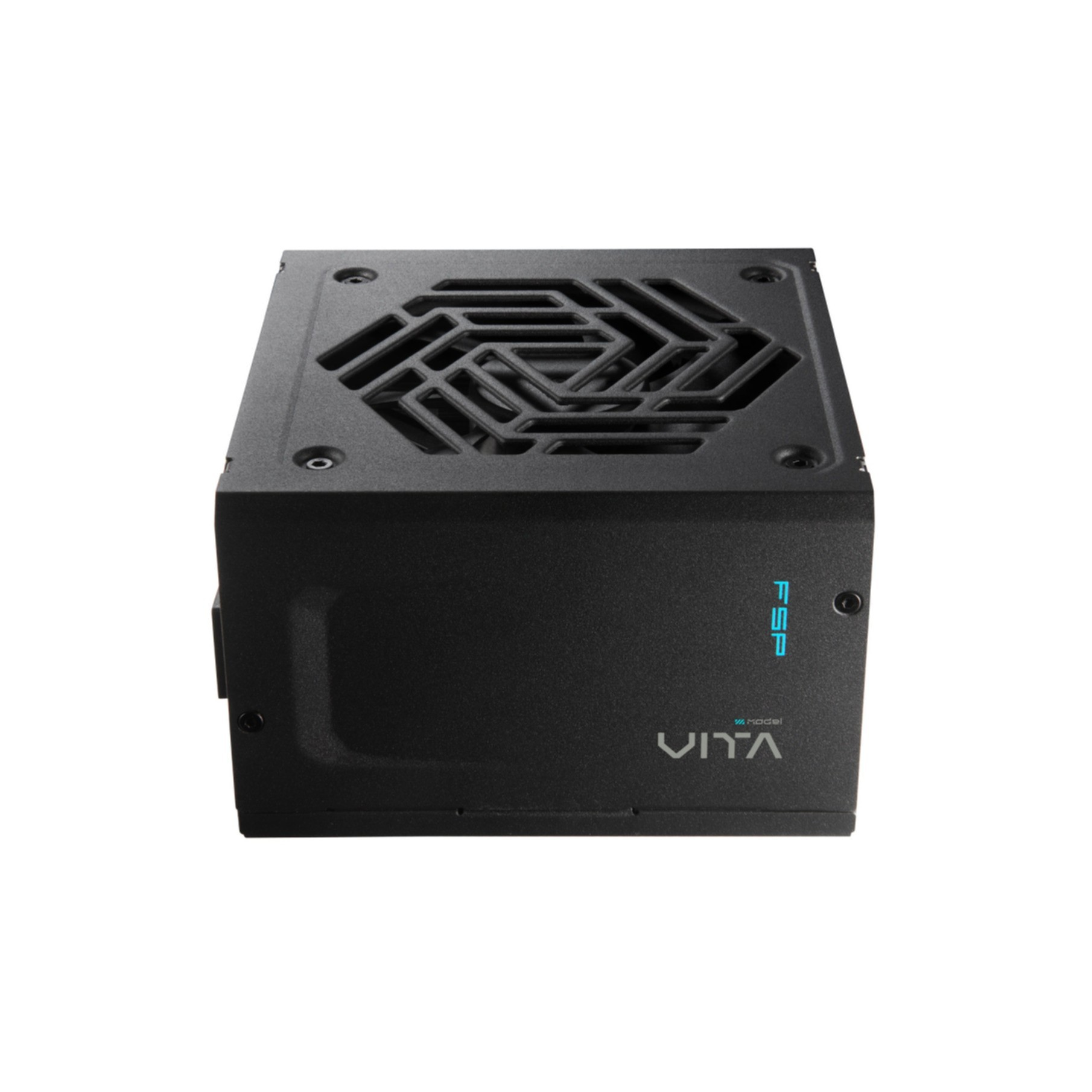 Fuente de alimentación negra para ordenador con rejilla de ventilador y logo.