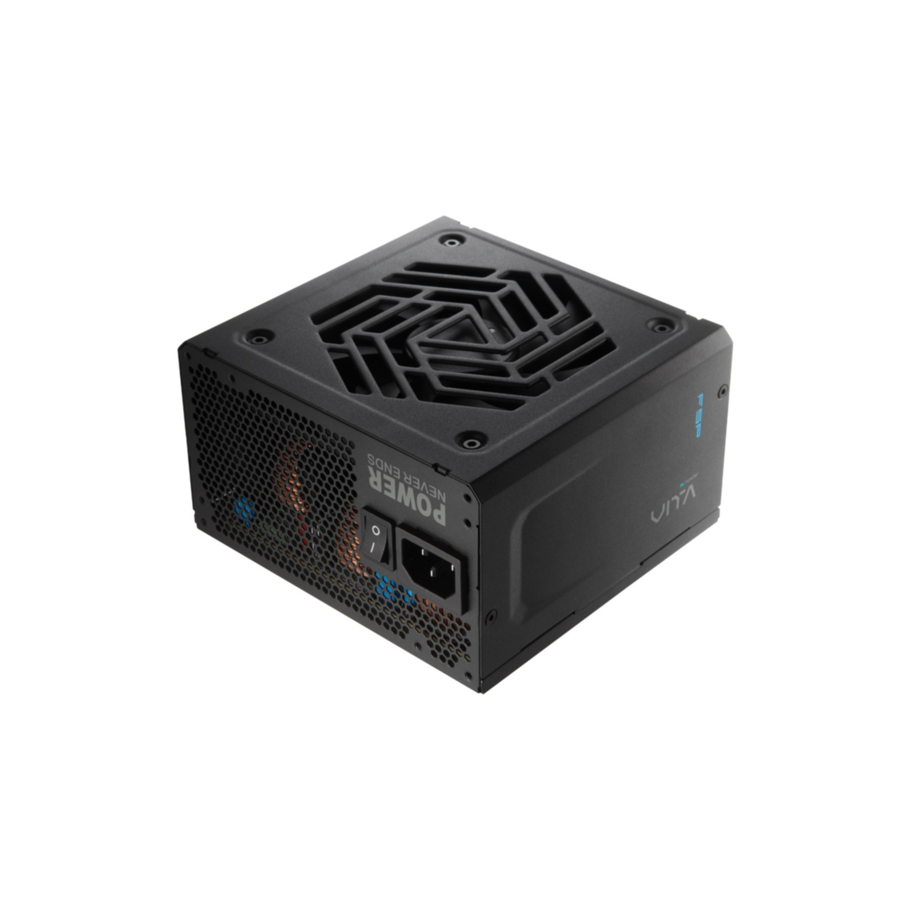 Fuente de alimentación negra con rejilla de ventilador superior y conectores laterales.