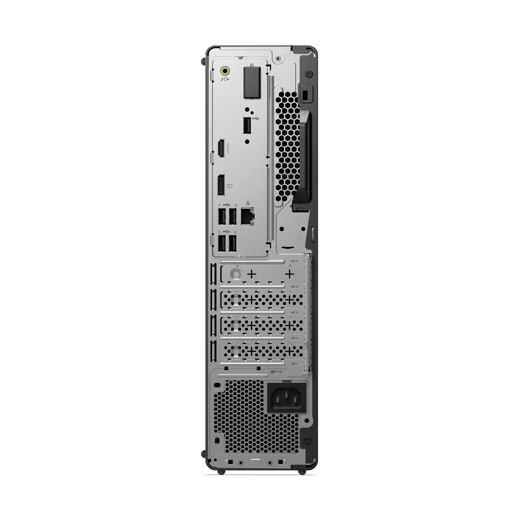 Retro di un PC sottile con porte USB, HDMI e connessione di alimentazione.