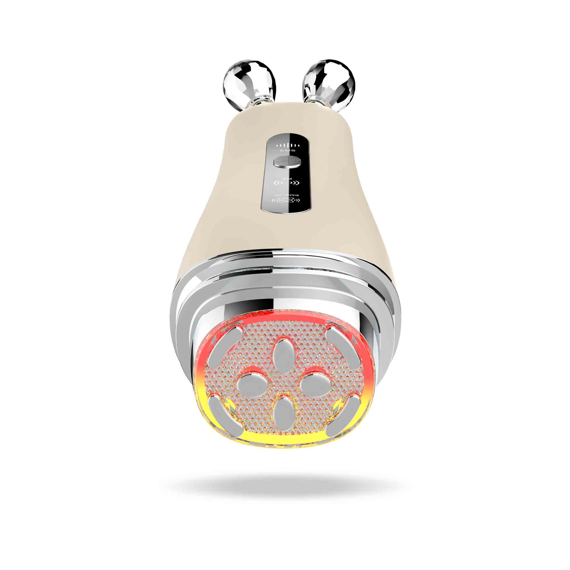 Beżowe urządzenie do pielęgnacji skóry z dwiema srebrnymi kulkami i czerwonym światłem LED.