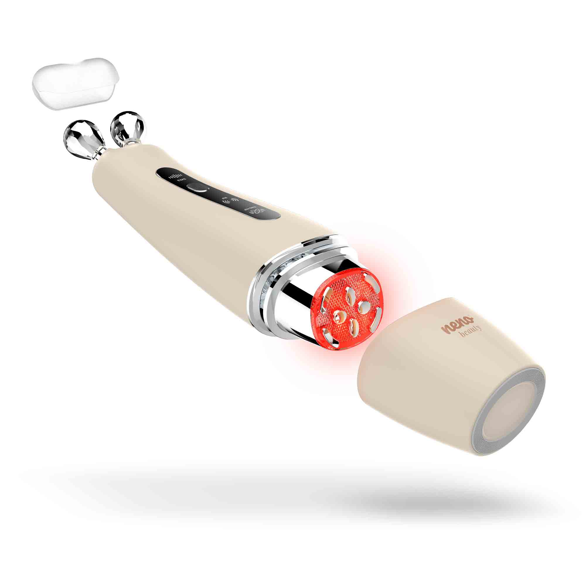 Kremowy aplikator do pielęgnacji skóry z dwiema kryształowymi kulkami i czerwonym światłem.