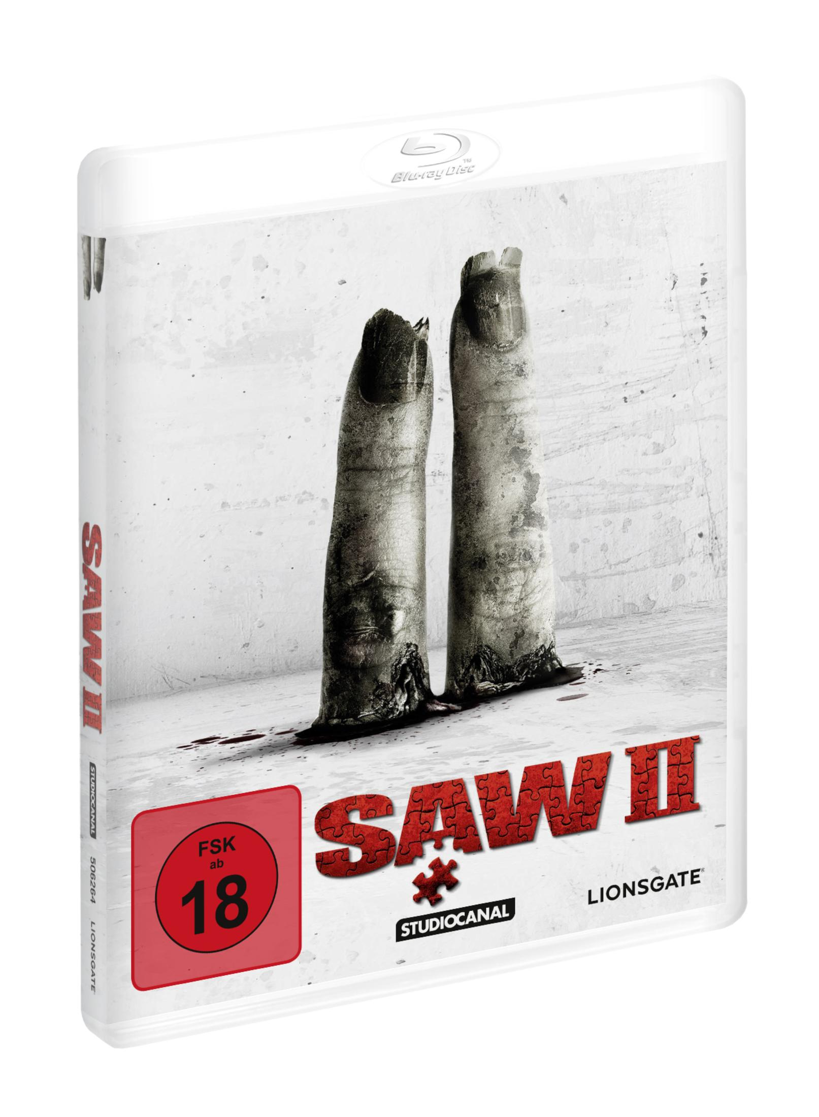 Copertina Blu-ray Saw II con due dita insanguinate e bollino FSK 18.