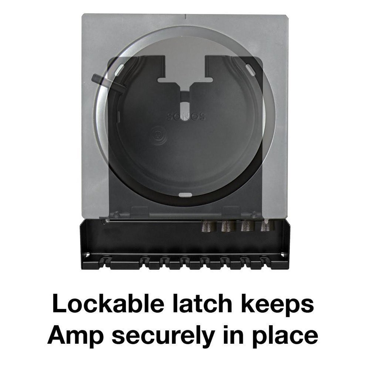Schwarzer Sonos Amp-Halter mit Verriegelungsmechanismus.