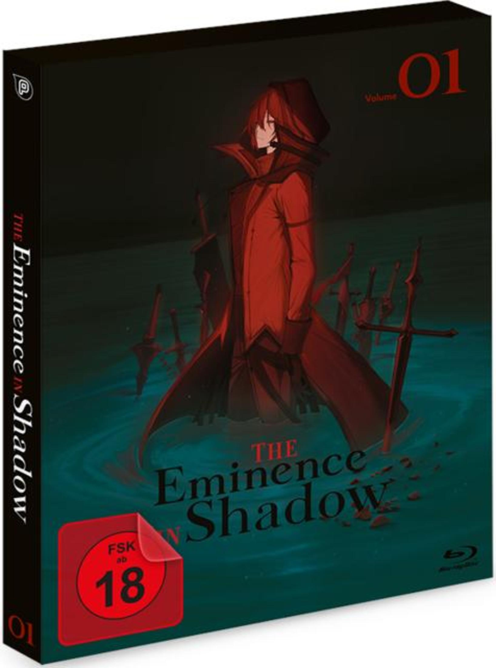 Una persona con mantello rosso in piedi nell'acqua con spade. Titolo: The Eminence in Shadow.