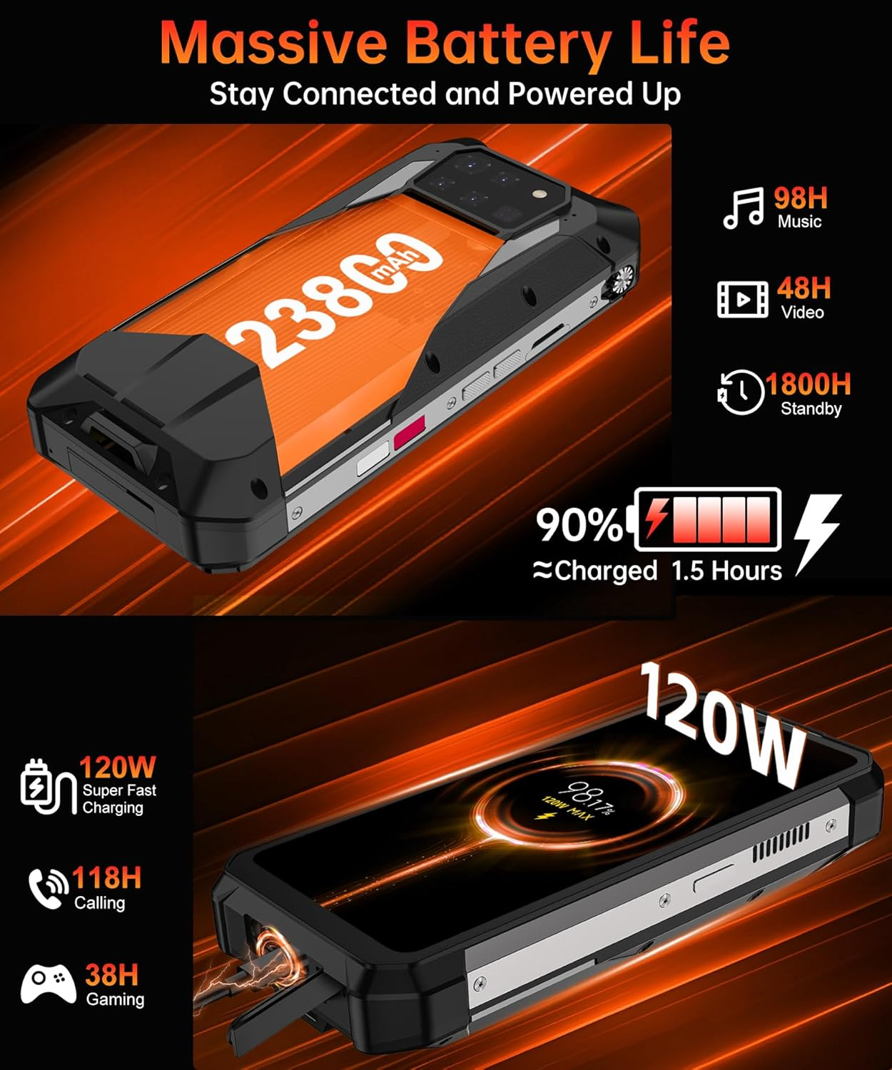 Smartphone robusto con batería de 23800 mAh, carga rápida de 120W, 1800h en espera.