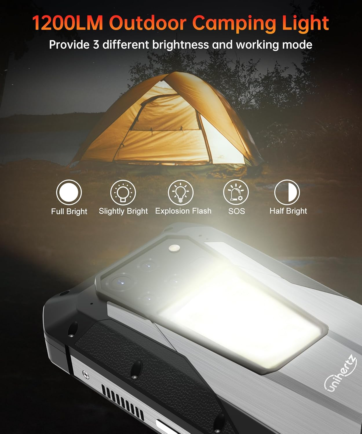 Una tienda de campaña iluminada por la noche, con un smartphone resistente que emite luz.