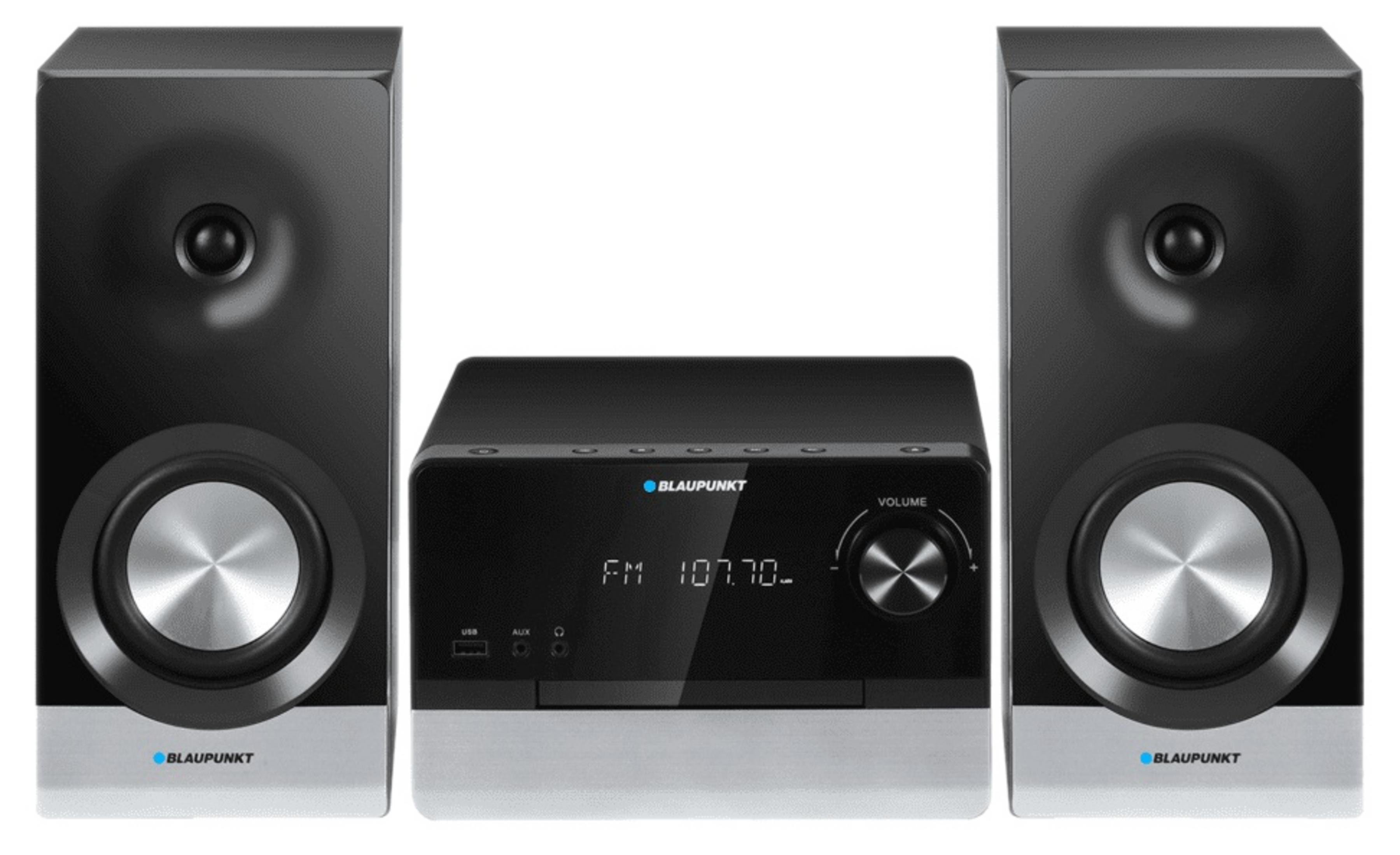 Un sistema stereo Blaupunkt con due altoparlanti neri e un'unità centrale nera.
