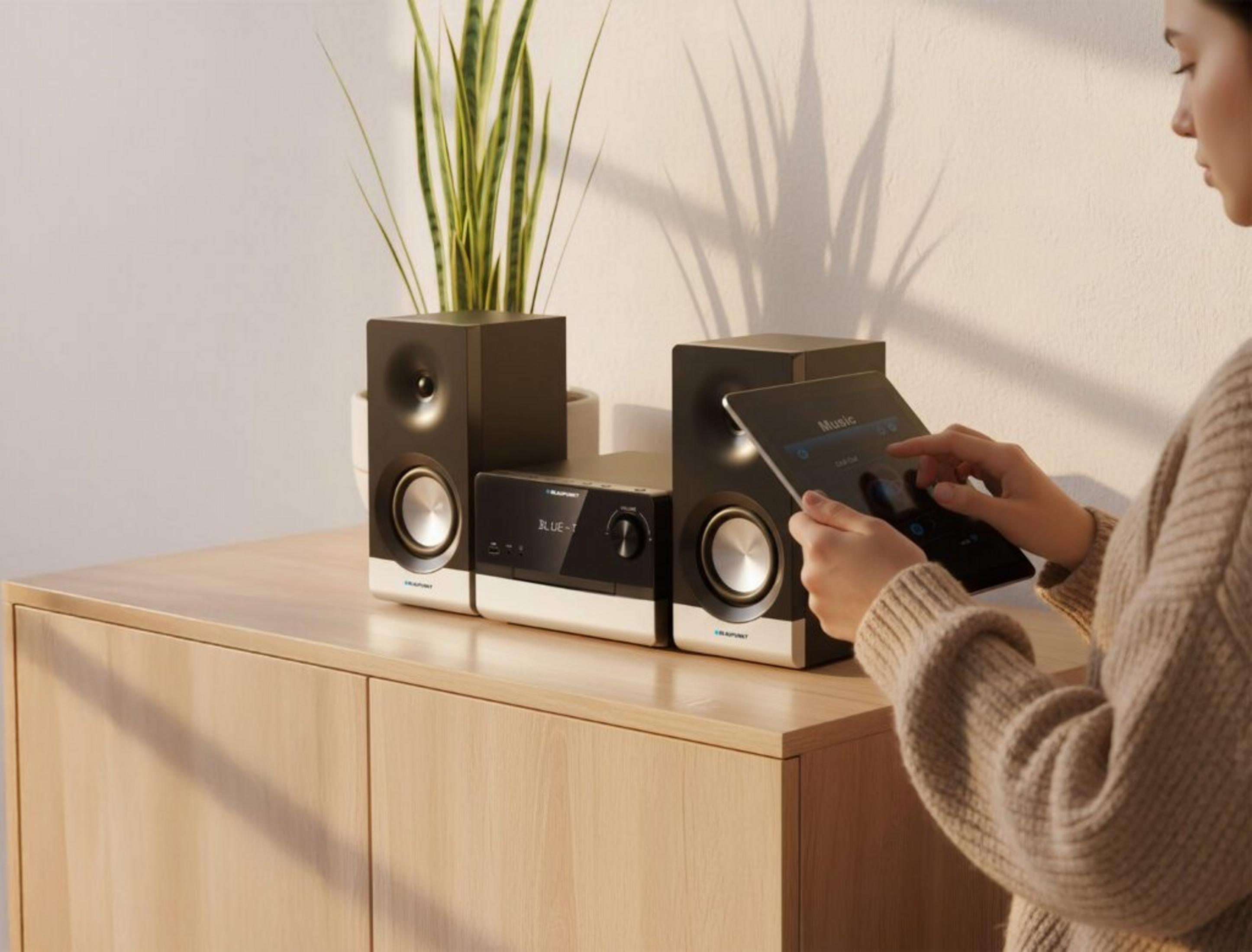Una donna usa un tablet accanto a un impianto stereo e un altoparlante.