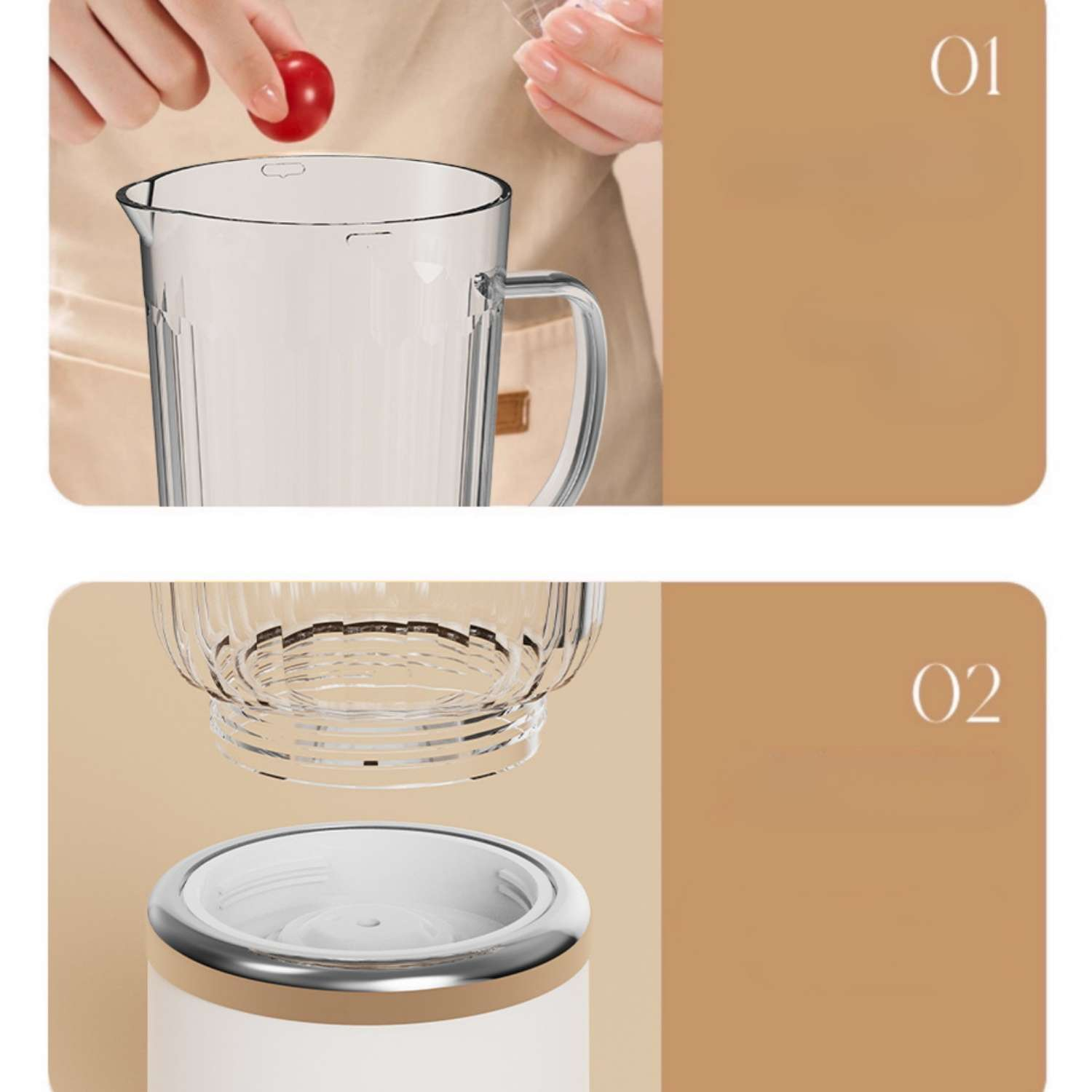 Eine Hand gibt eine rote Kirsche in einen transparenten Krug. "01" steht daneben.